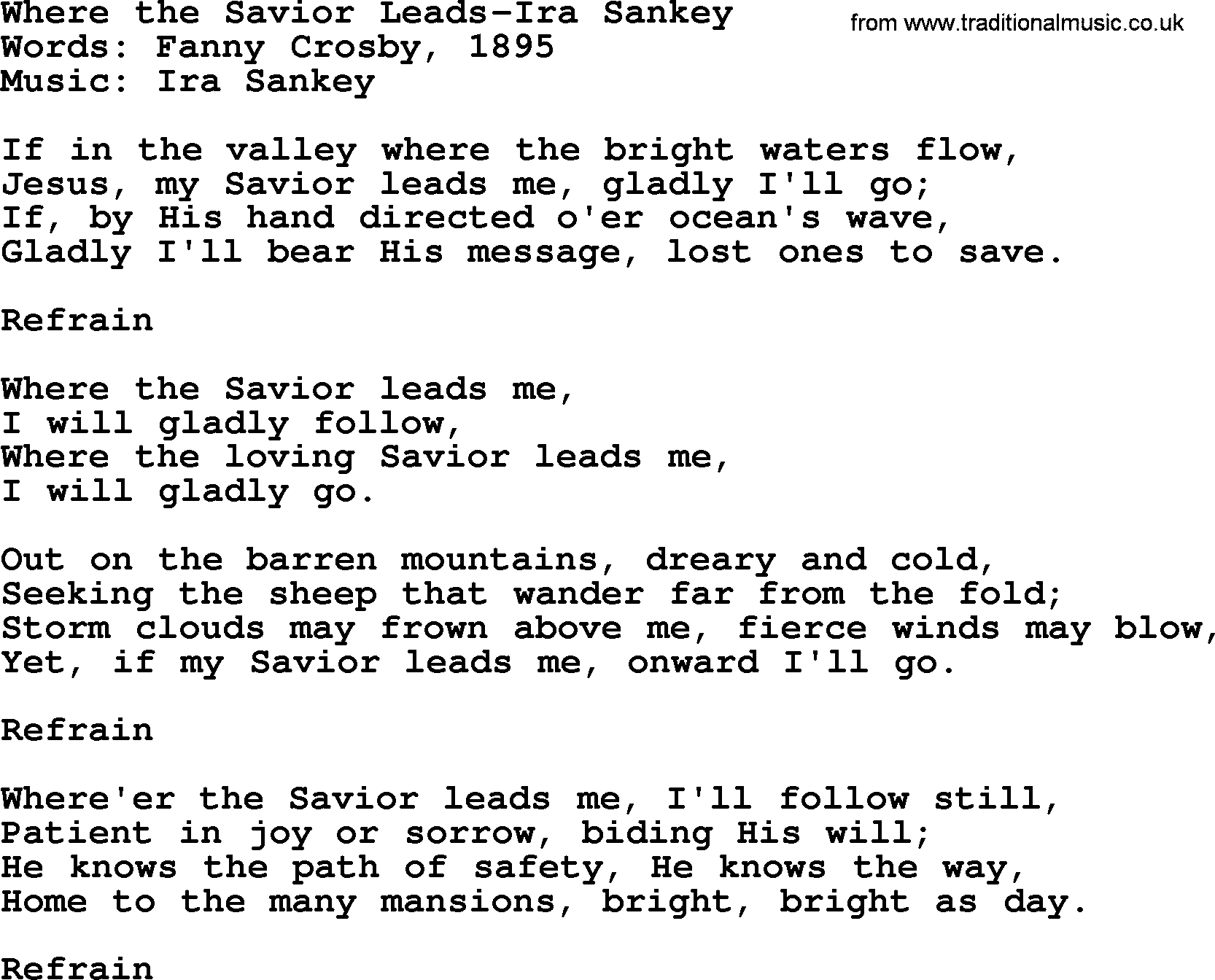 Ira Sankey hymn: Where the Savior Leads-Ira Sankey, lyrics