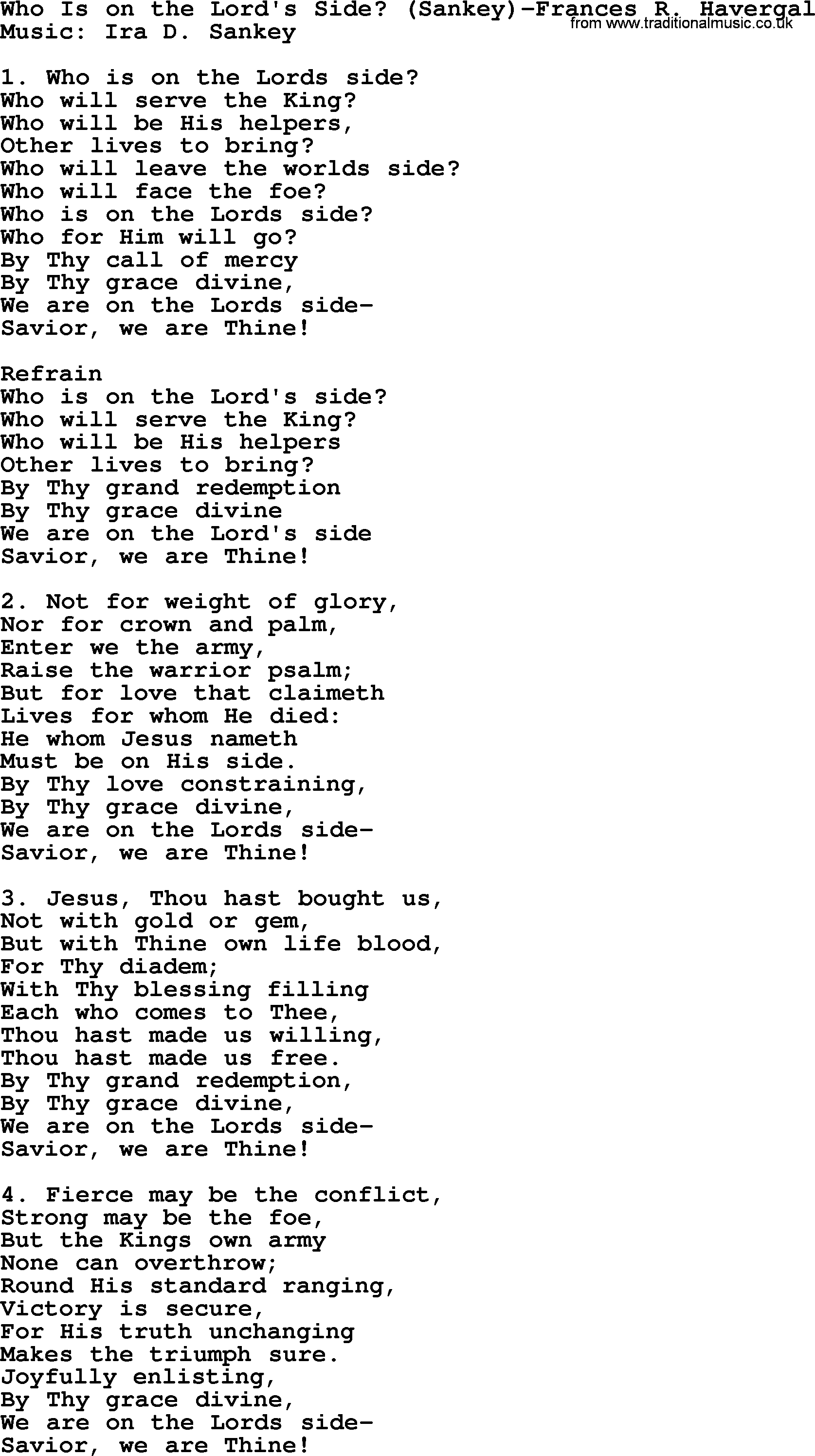 Ira Sankey hymn: Who Is on the Lord's Sidel-Ira Sankey, lyrics