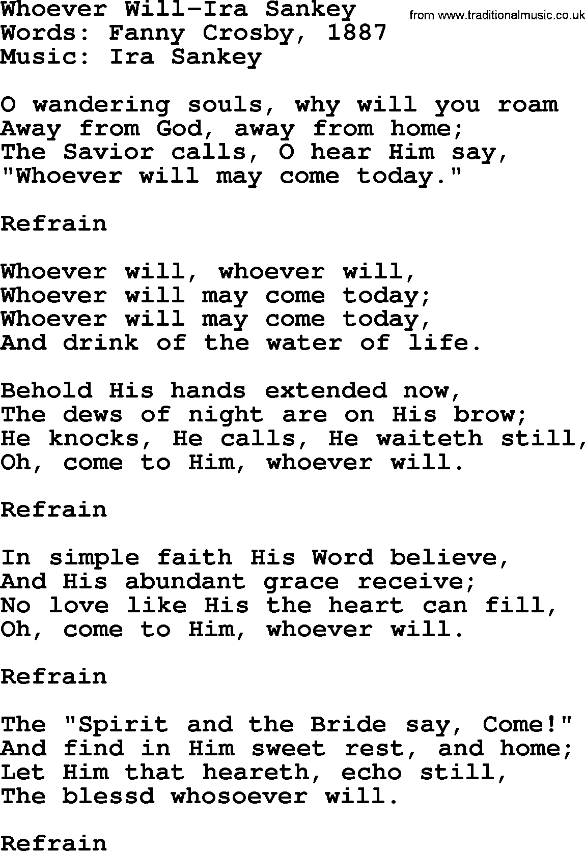 Ira Sankey hymn: Whoever Will-Ira Sankey, lyrics