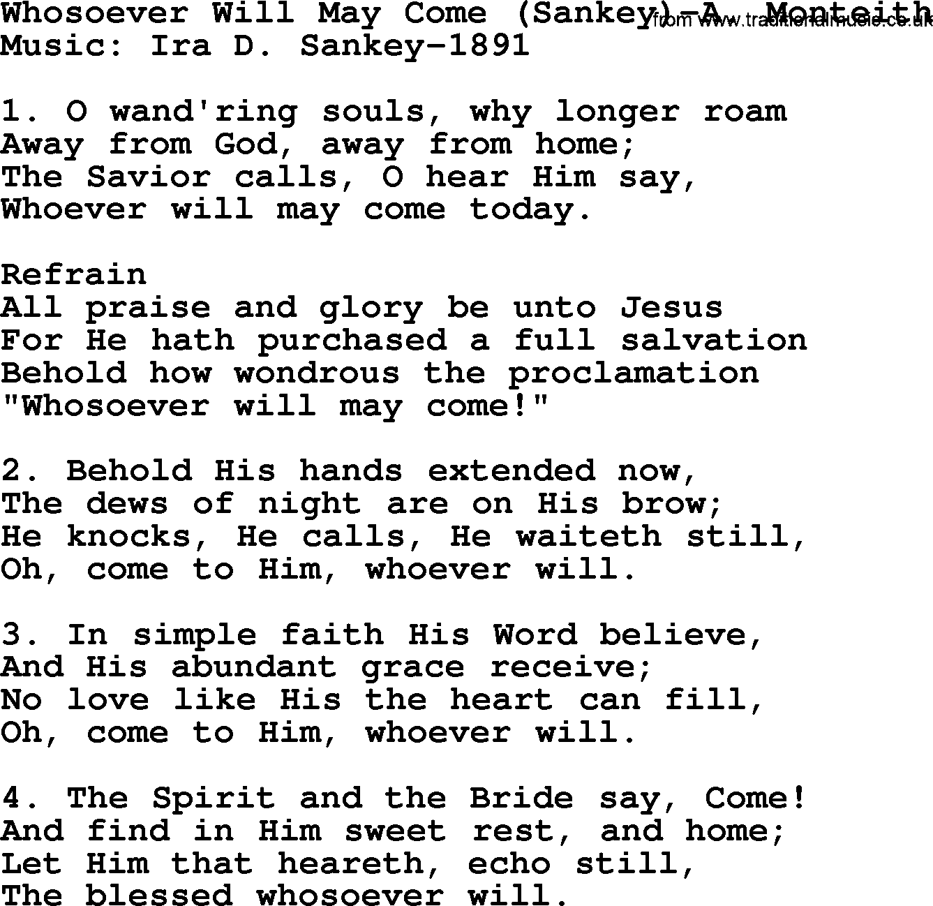 Ira Sankey hymn: Whosoever Will May Come-Ira Sankey, lyrics