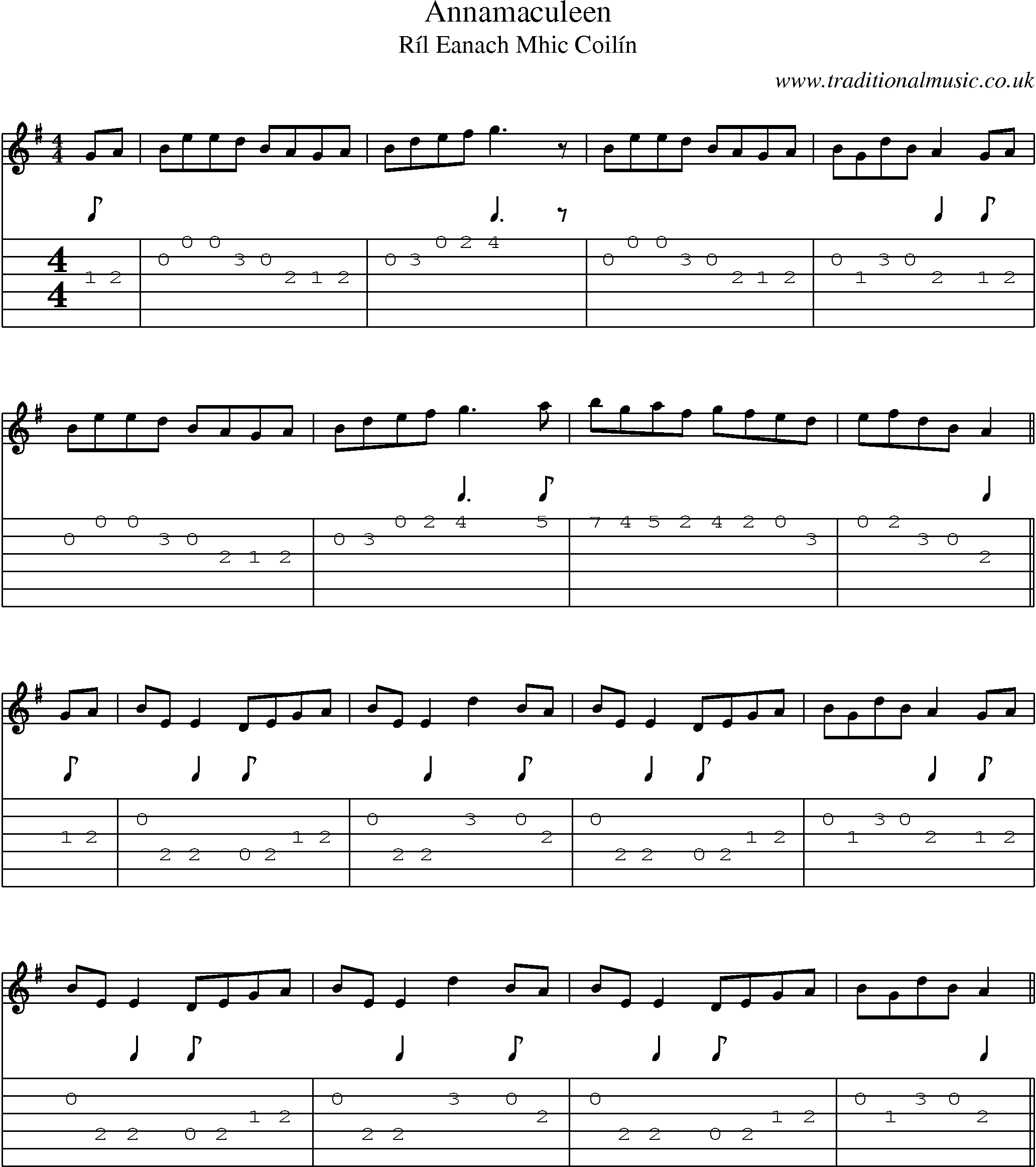 Music Score and Guitar Tabs for Annamaculeen