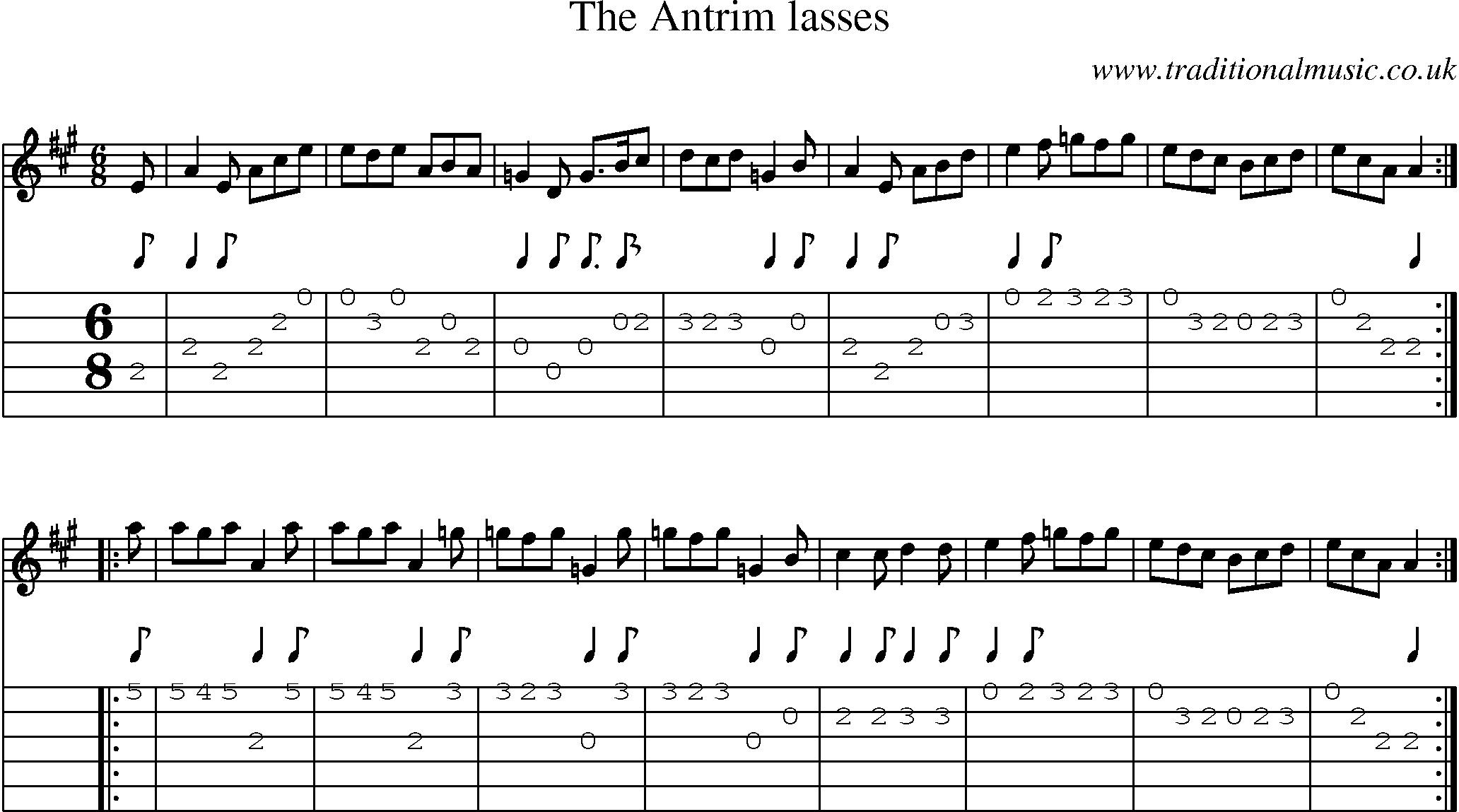 Music Score and Guitar Tabs for Antrim Lasses