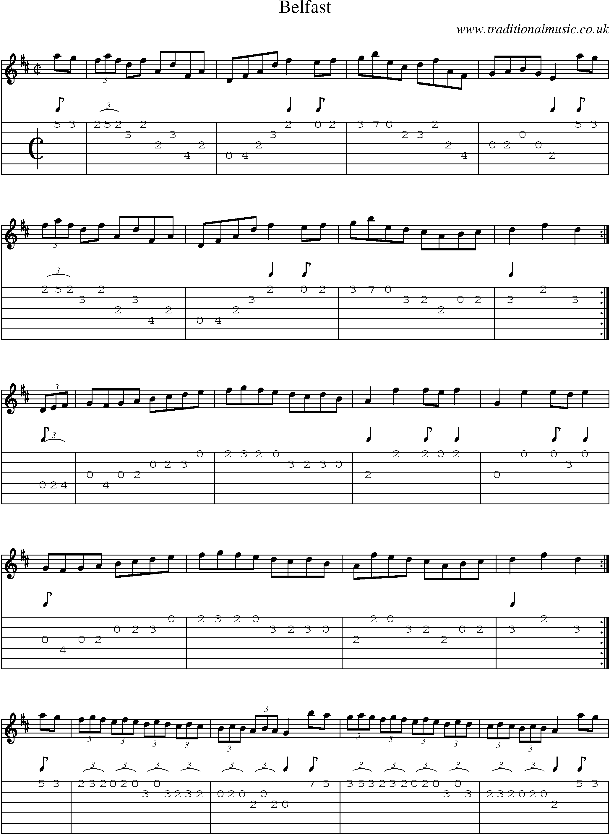 Music Score and Guitar Tabs for Belfast