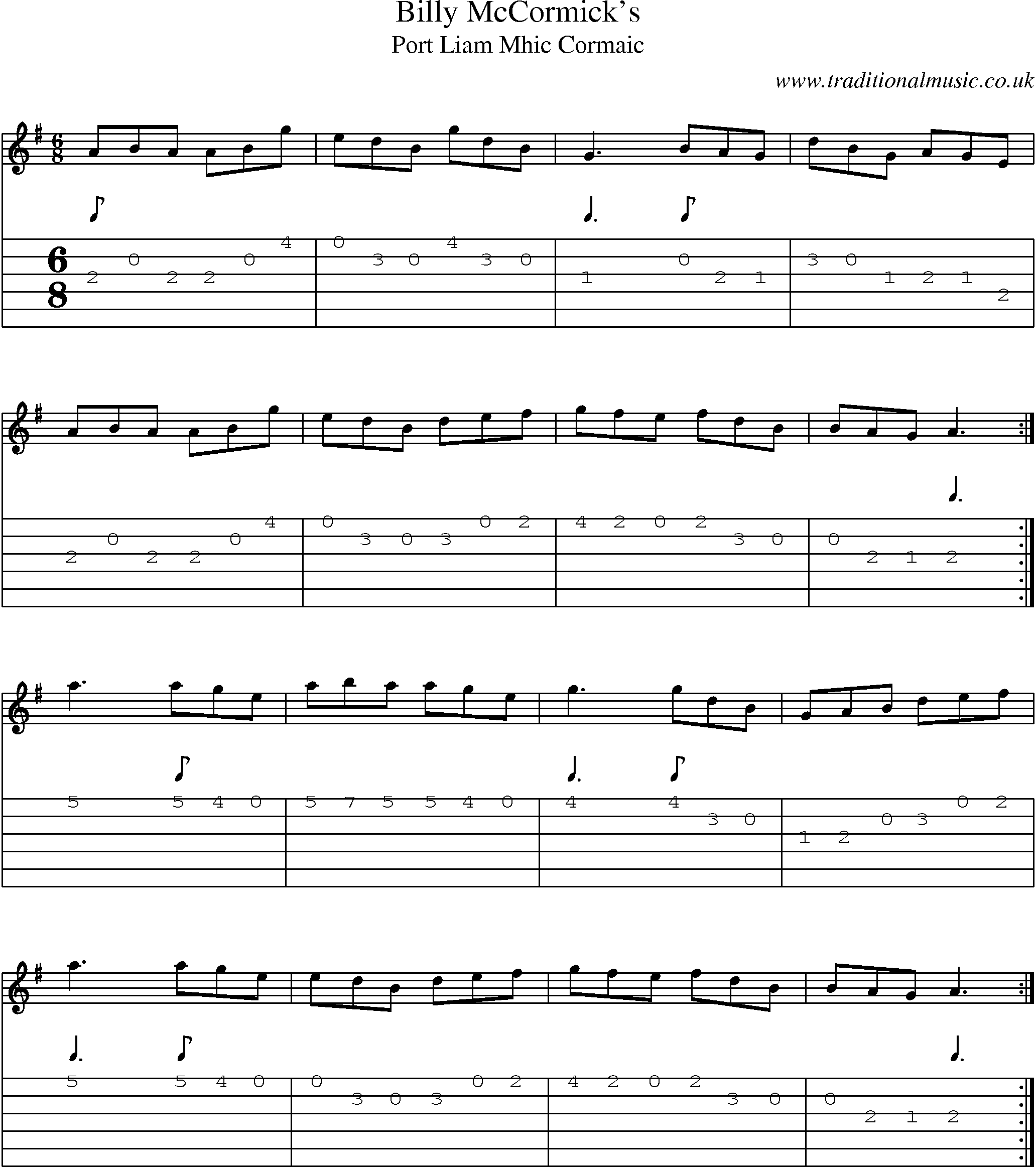 Music Score and Guitar Tabs for Billy Mccormicks
