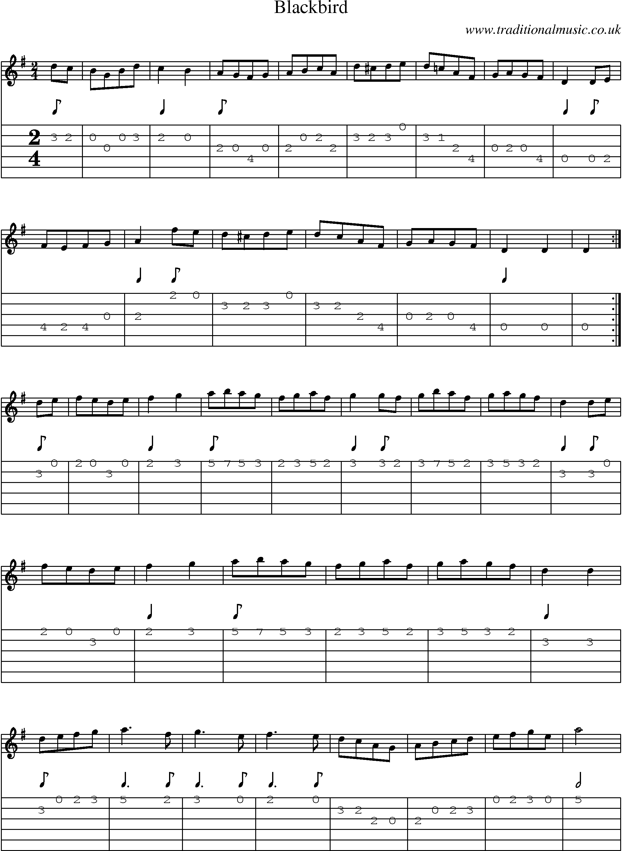 Music Score and Guitar Tabs for Blackbird