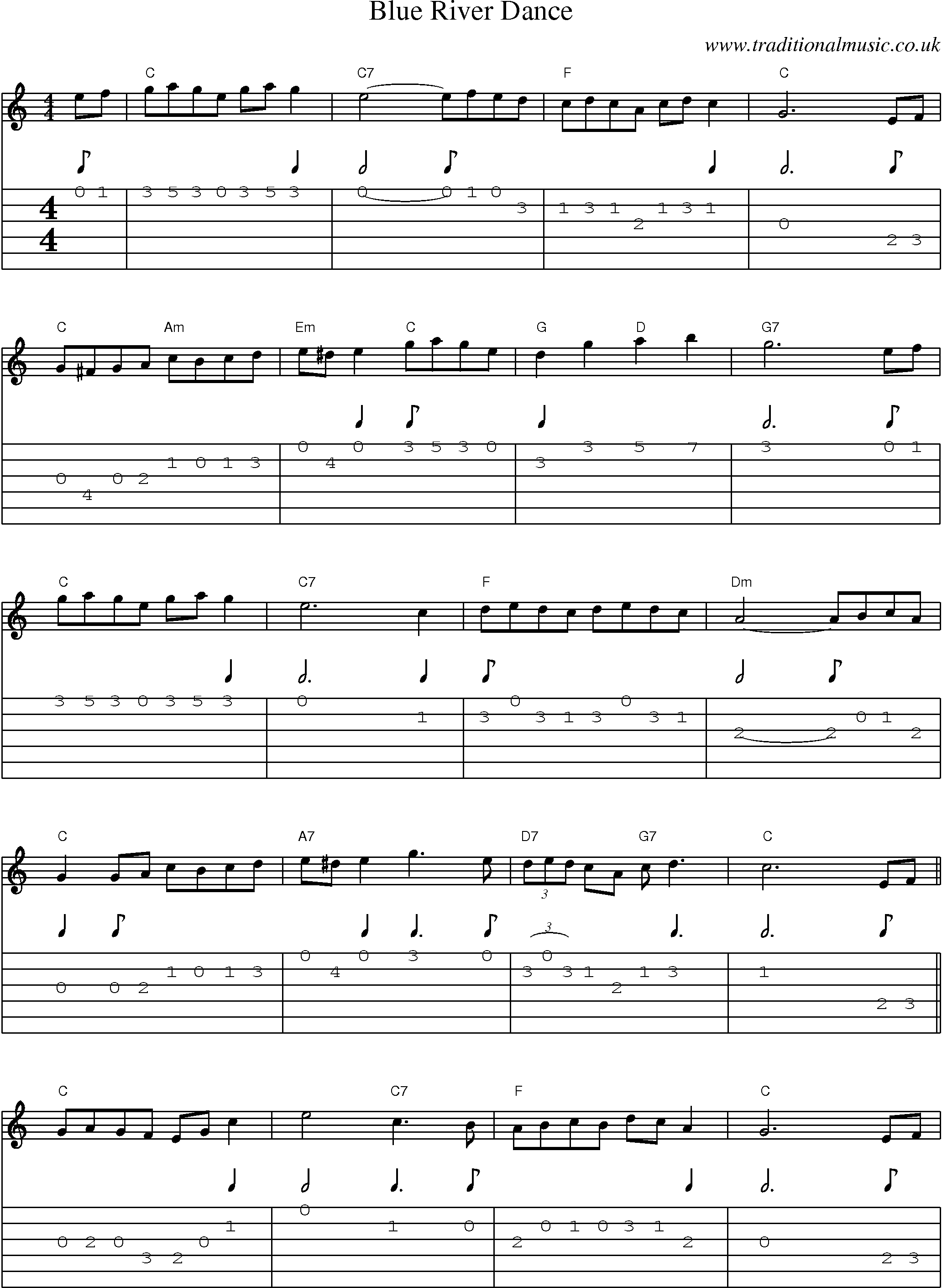 Music Score and Guitar Tabs for Blue River Dance