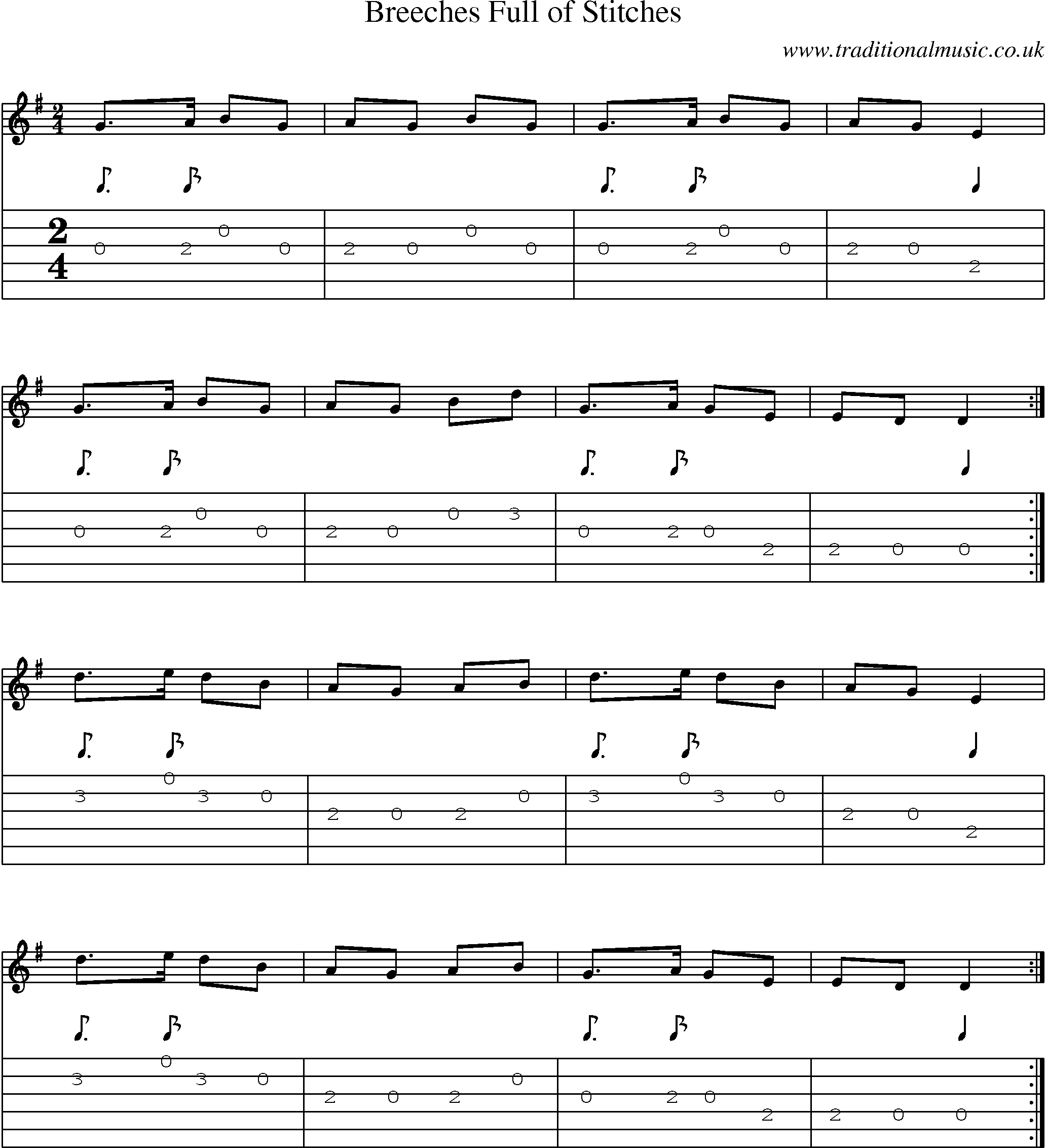 Music Score and Guitar Tabs for Breeches Full Of Stitches