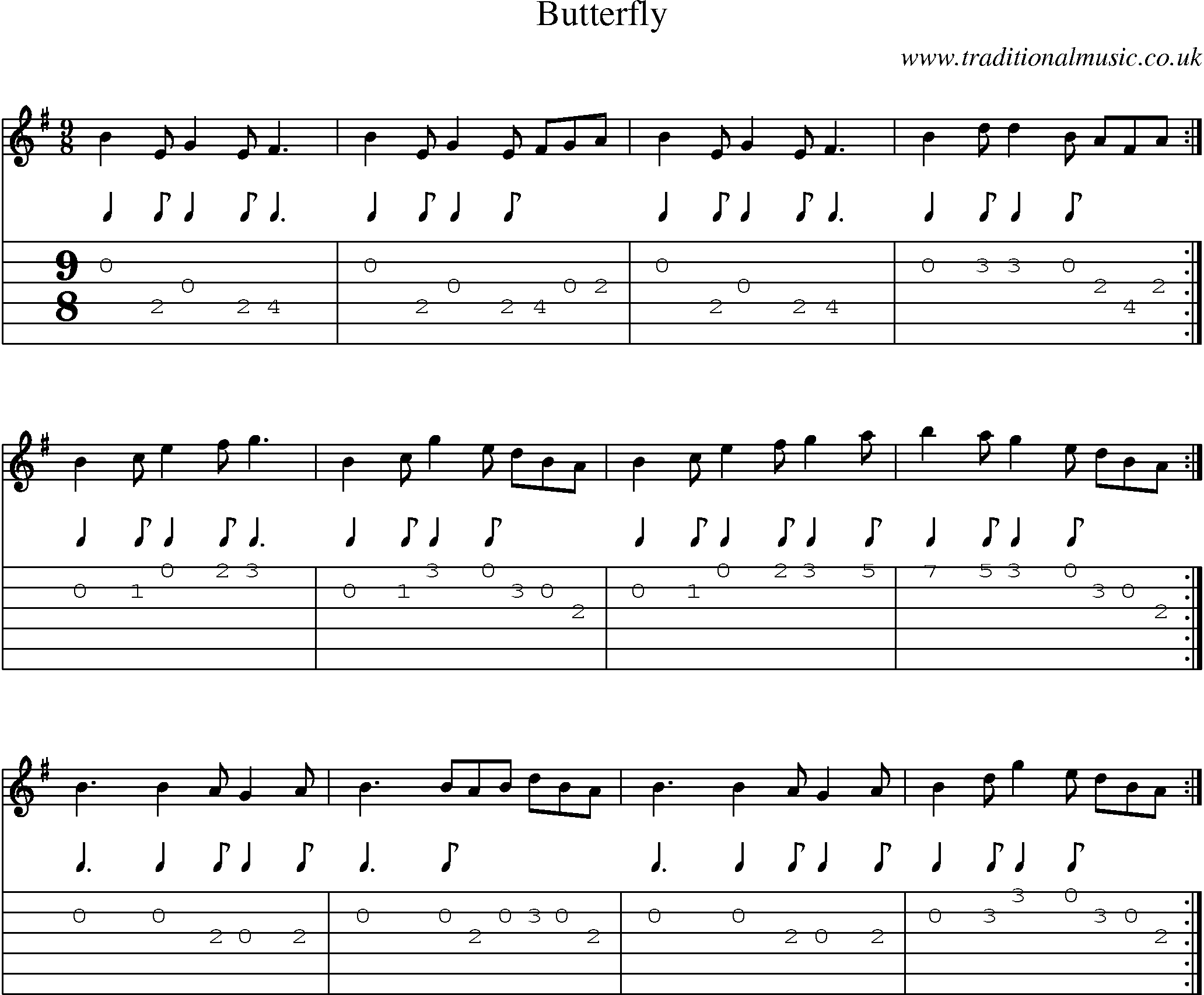 Music Score and Guitar Tabs for Butterfly