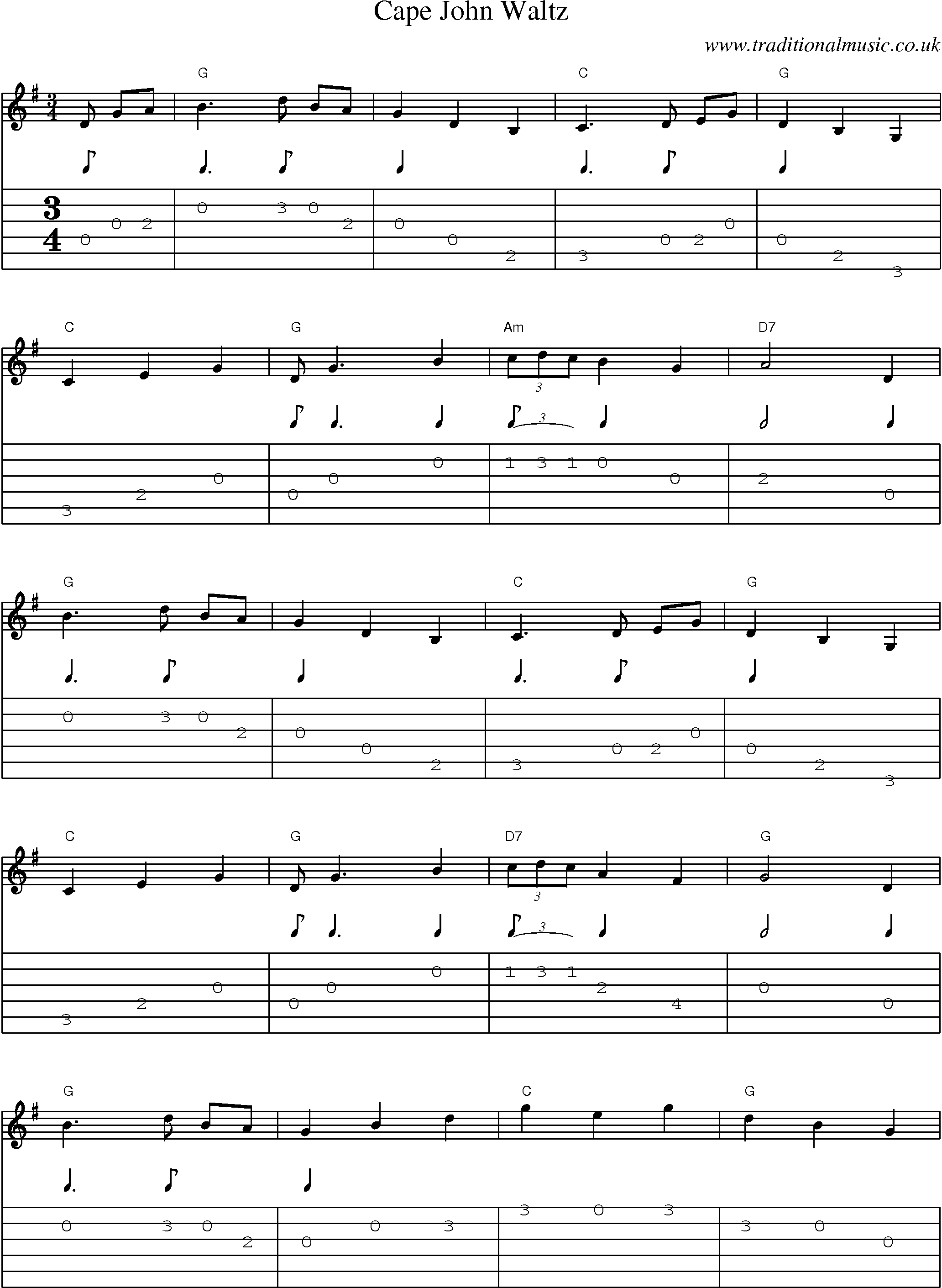 Music Score and Guitar Tabs for Cape John Waltz
