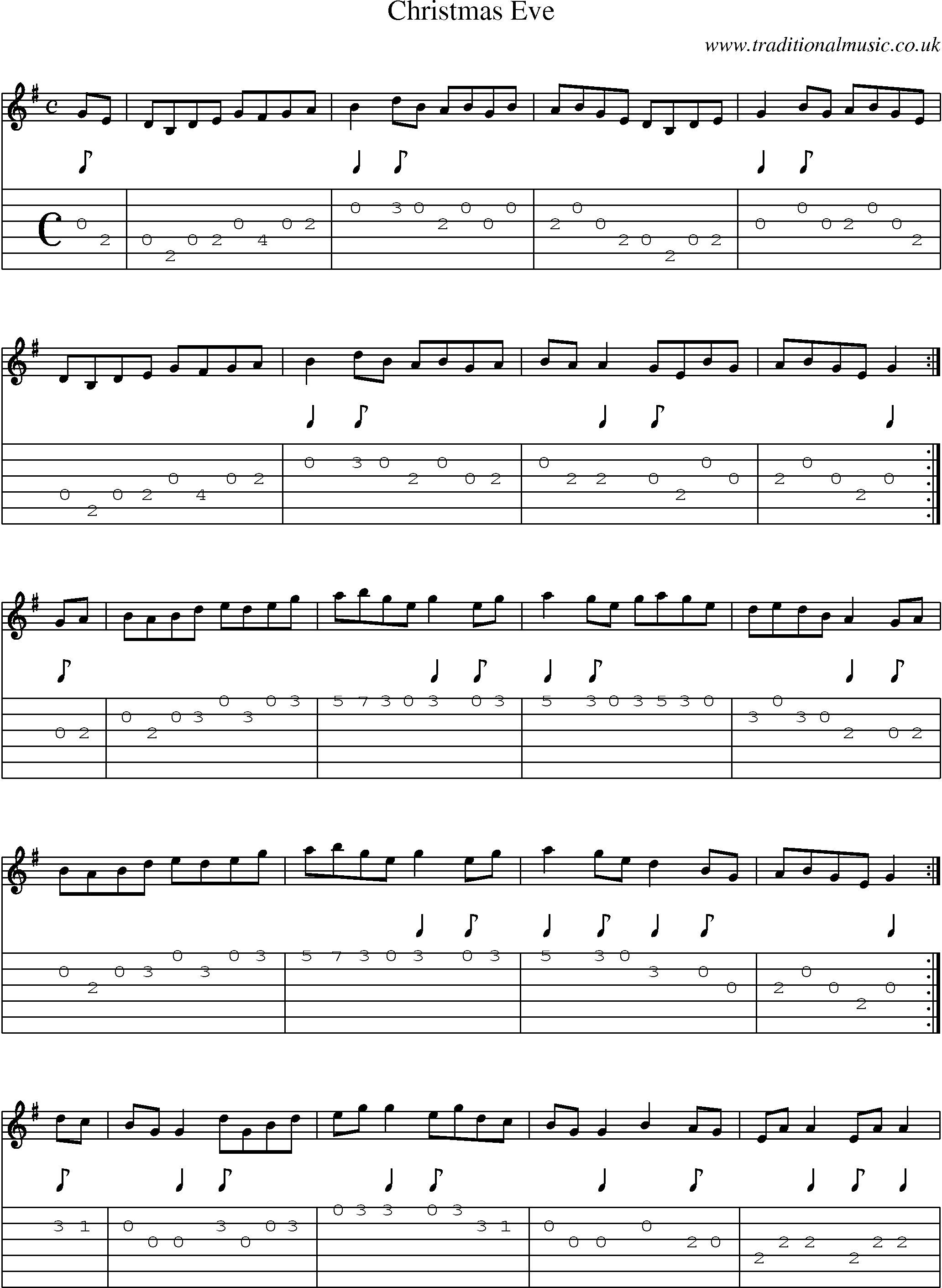 Music Score and Guitar Tabs for Christmas Eve