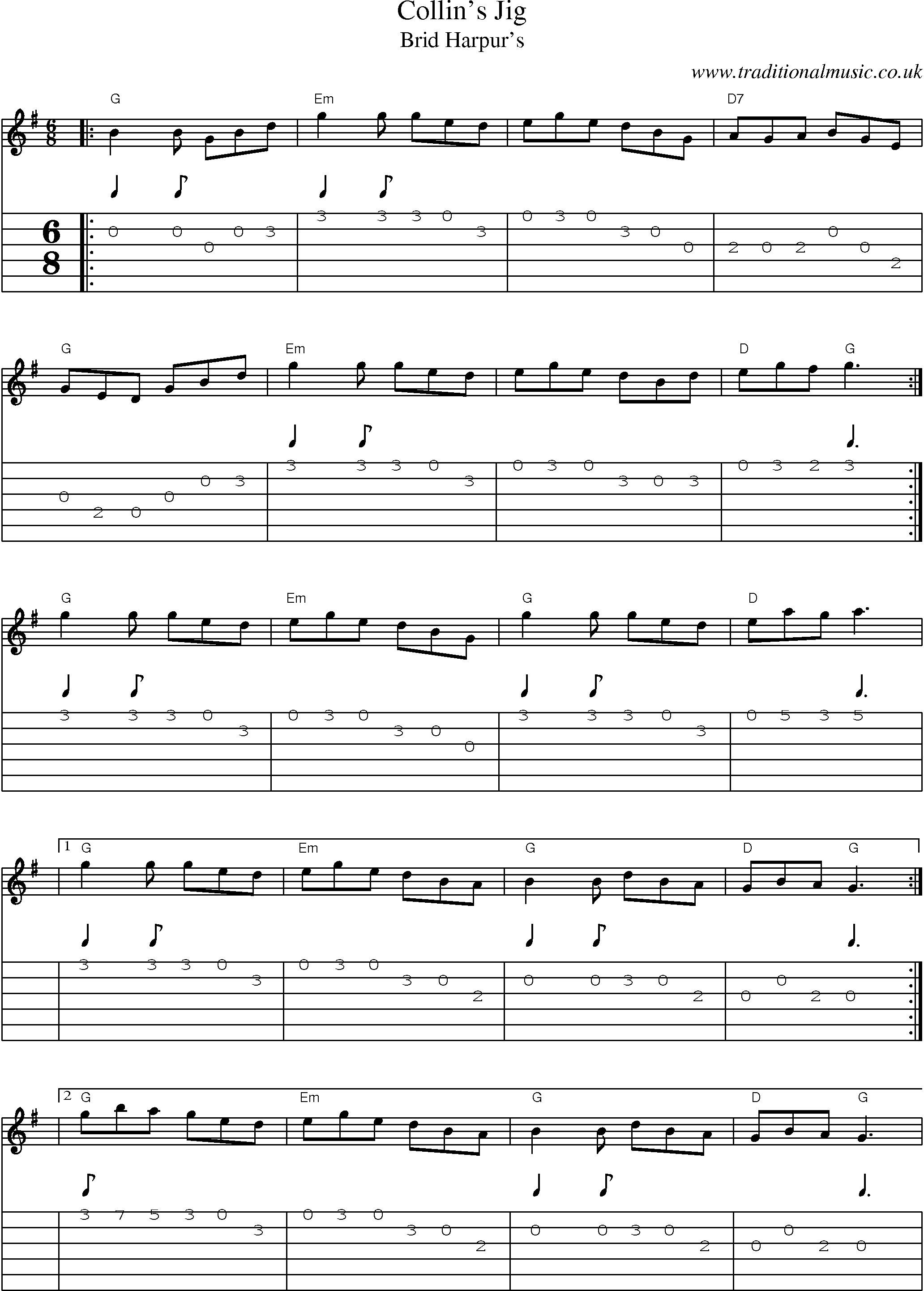 Music Score and Guitar Tabs for Collins Jig
