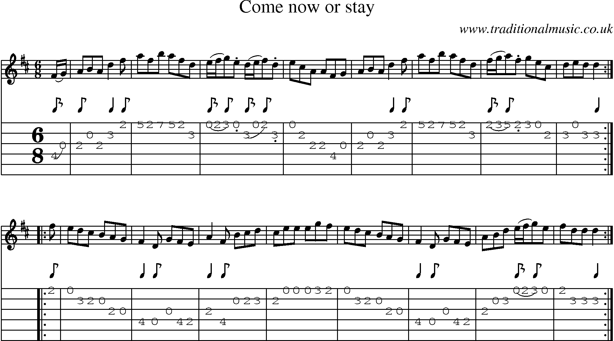 Music Score and Guitar Tabs for Come Now Or Stay