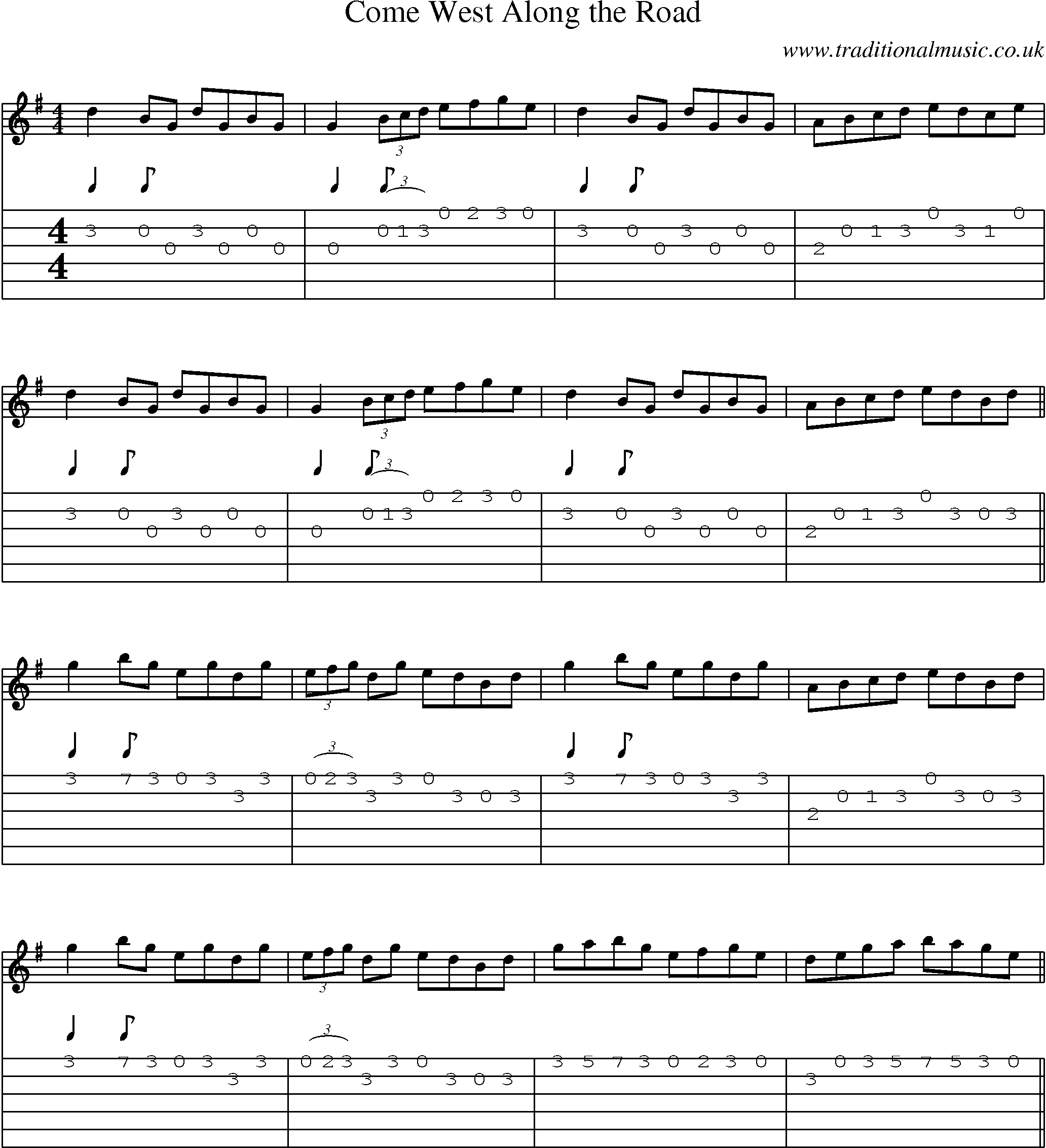 Music Score and Guitar Tabs for Come West Along Road