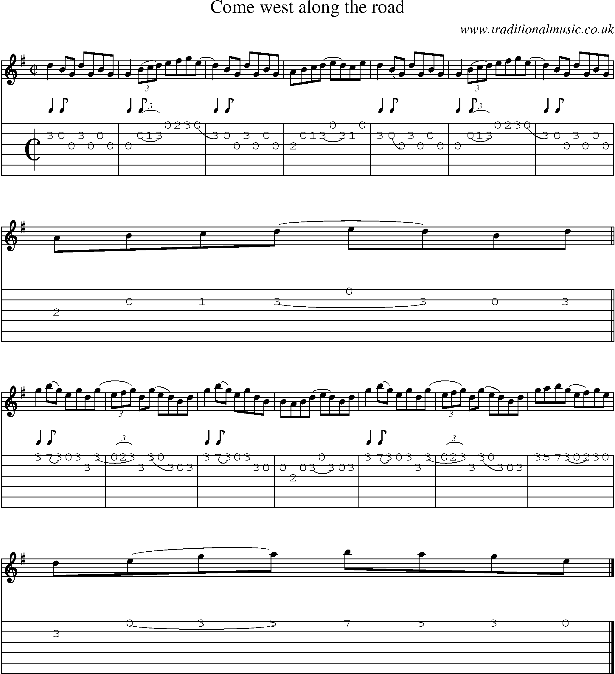 Music Score and Guitar Tabs for Come West Along The Road