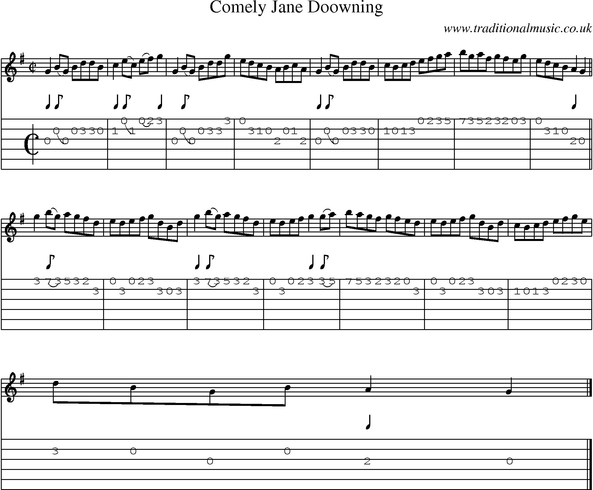 Music Score and Guitar Tabs for Comely Jane Doowning