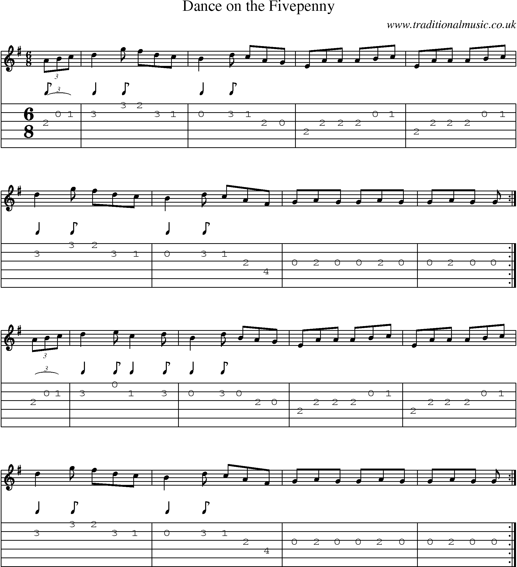 Music Score and Guitar Tabs for Dance On Fivepenny