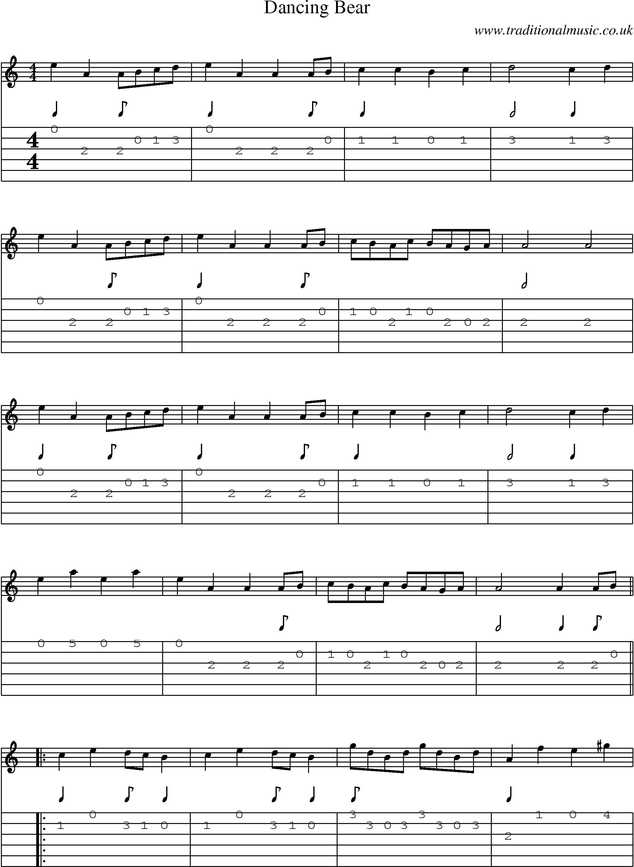 Music Score and Guitar Tabs for Dancing Bear