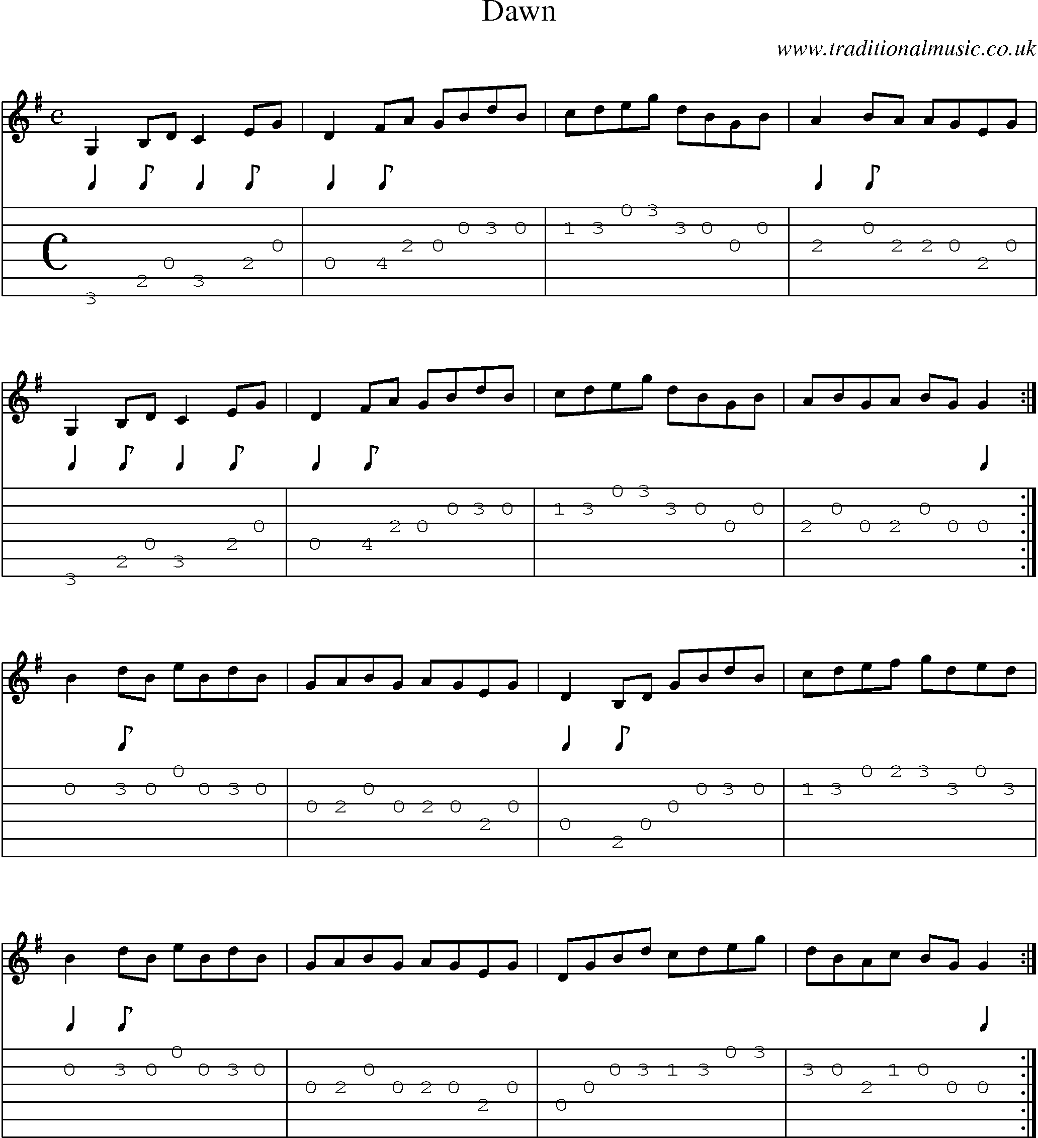 Music Score and Guitar Tabs for Dawn