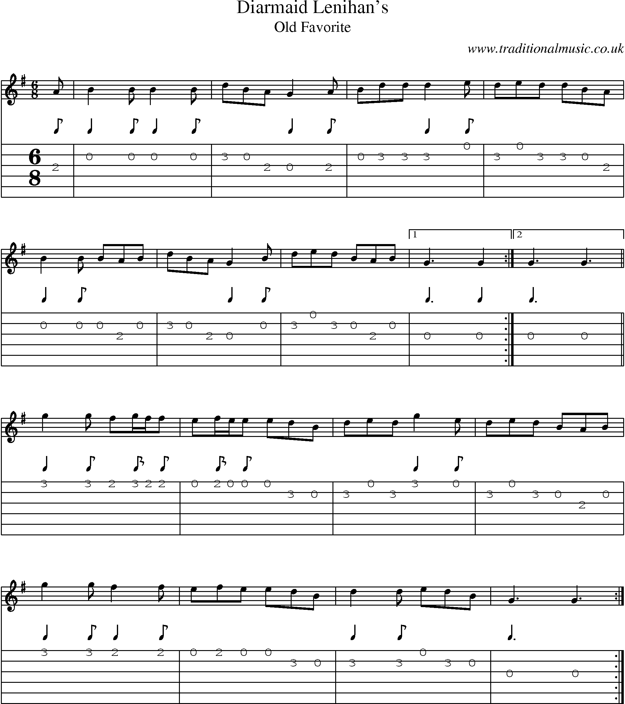 Music Score and Guitar Tabs for Diarmaid Lenihans