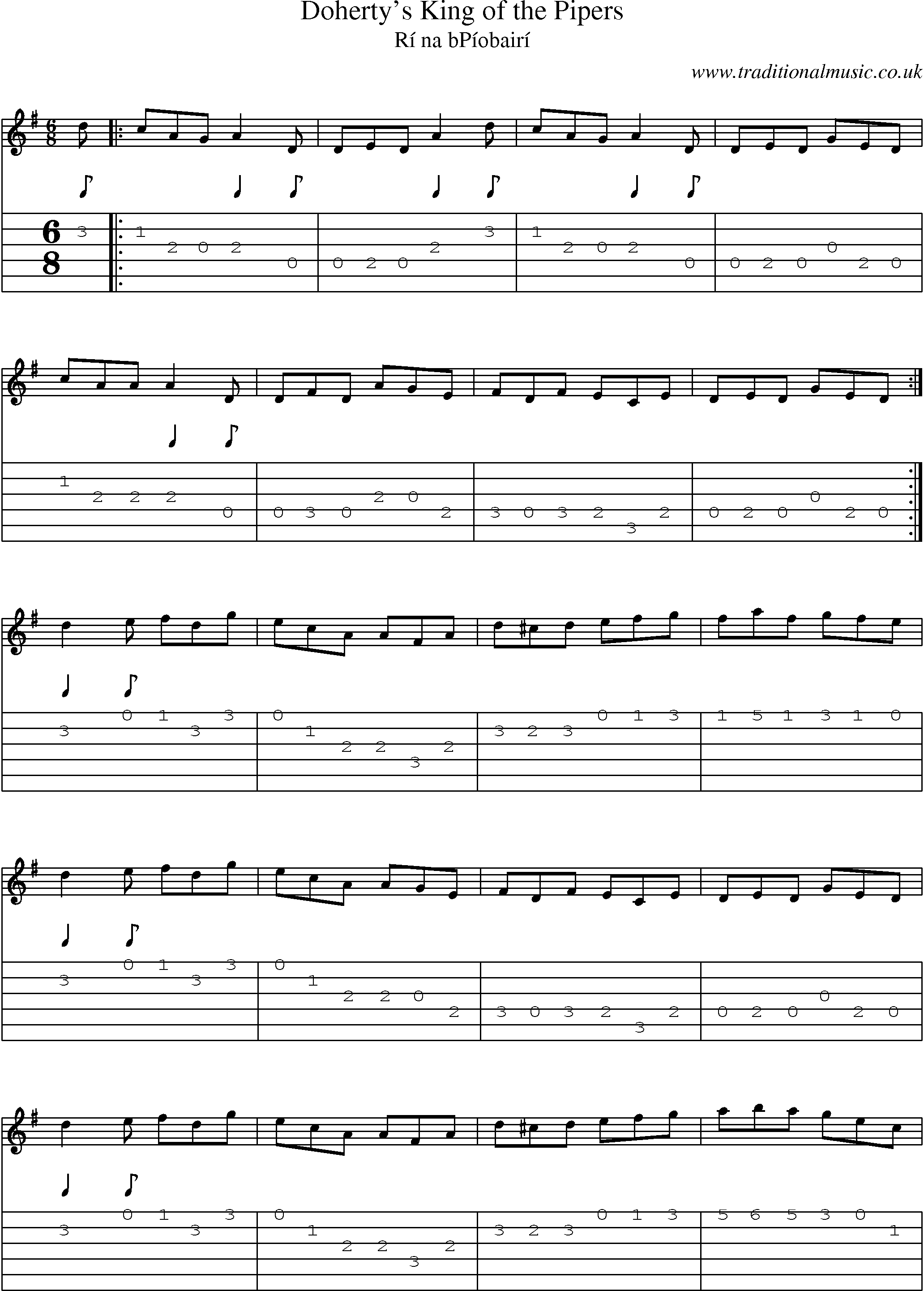 Music Score and Guitar Tabs for Dohertys King Of Pipers