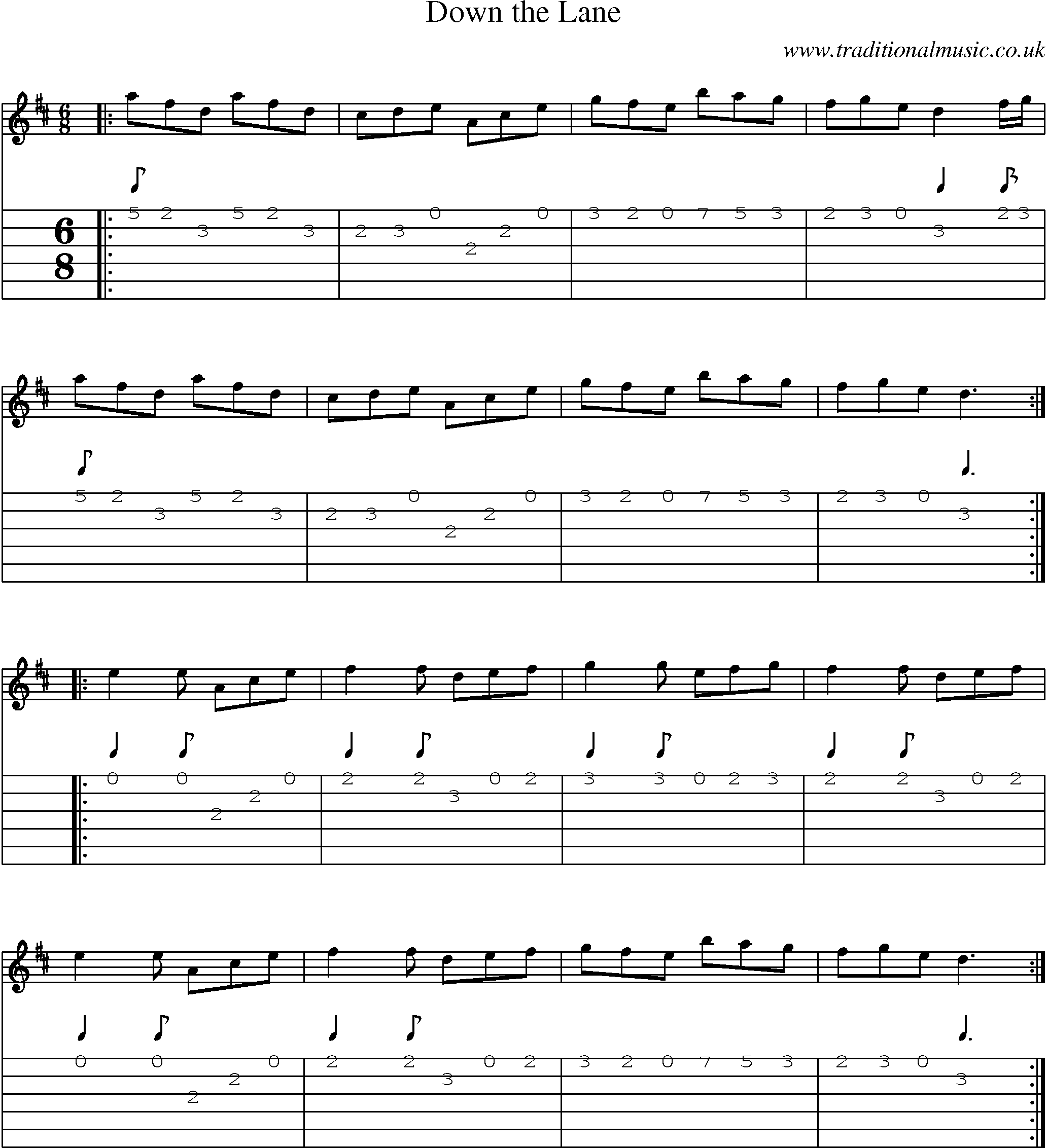 Music Score and Guitar Tabs for Down Lane