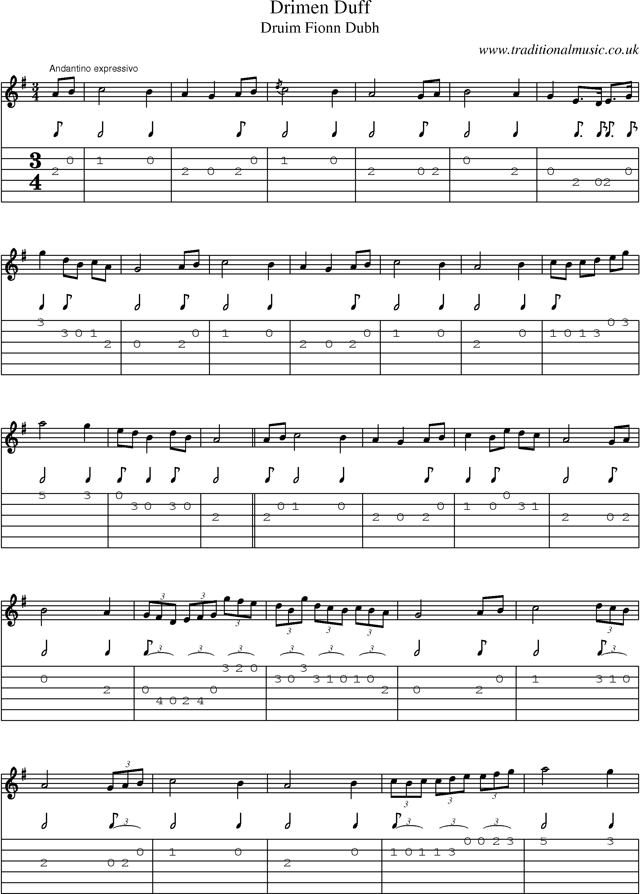 Music Score and Guitar Tabs for Drimen Duff