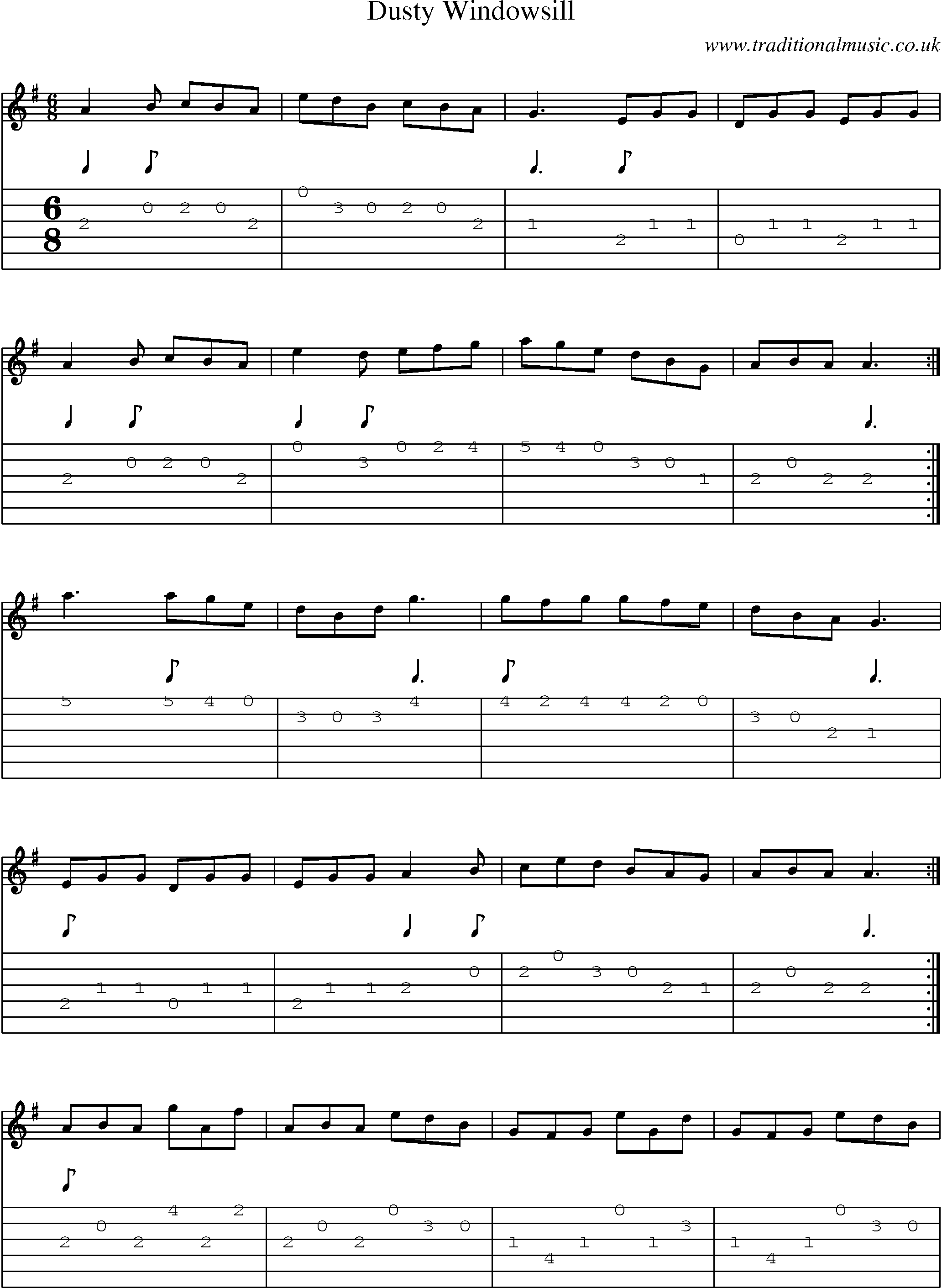 Music Score and Guitar Tabs for Dusty Windowsill