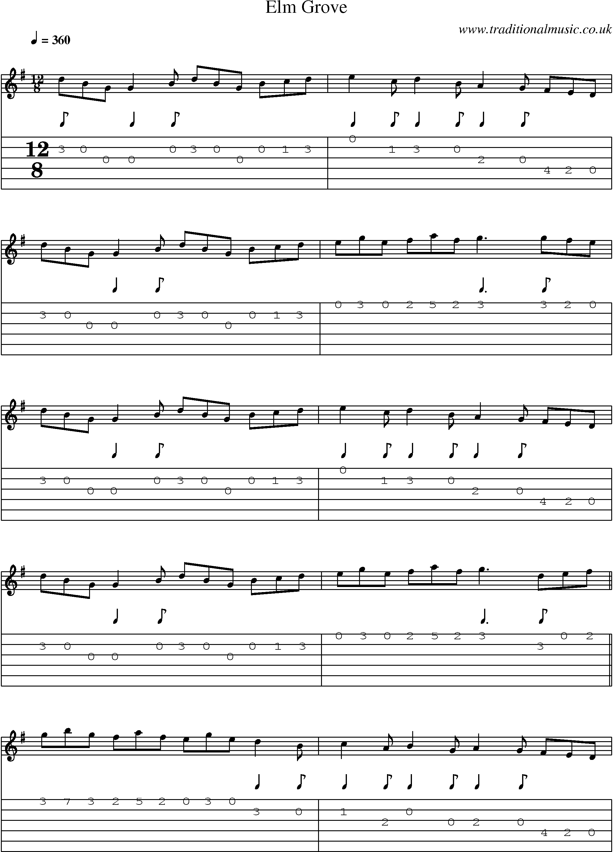 Music Score and Guitar Tabs for Elm Grove