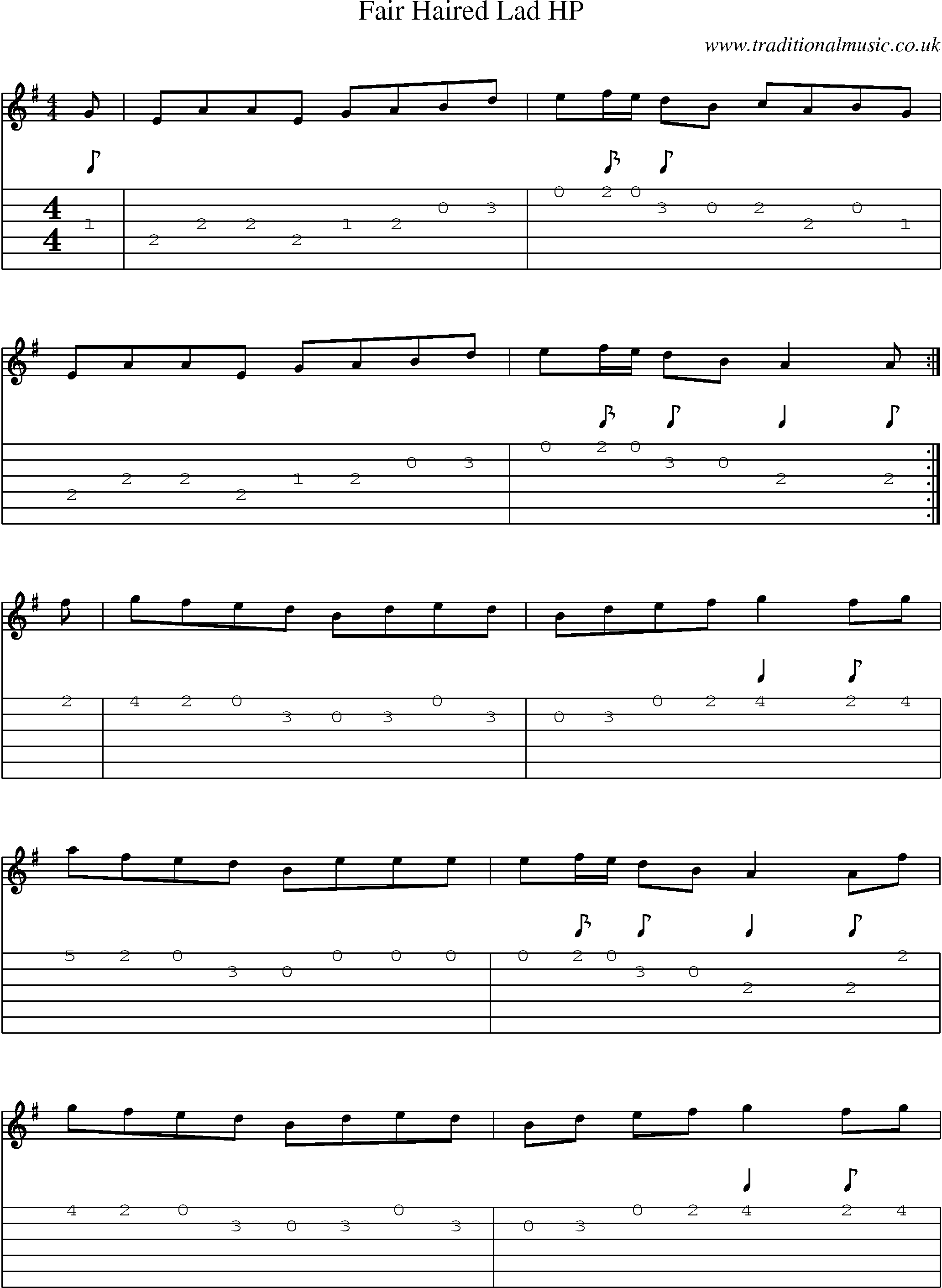 Music Score and Guitar Tabs for Fair Haired Lad