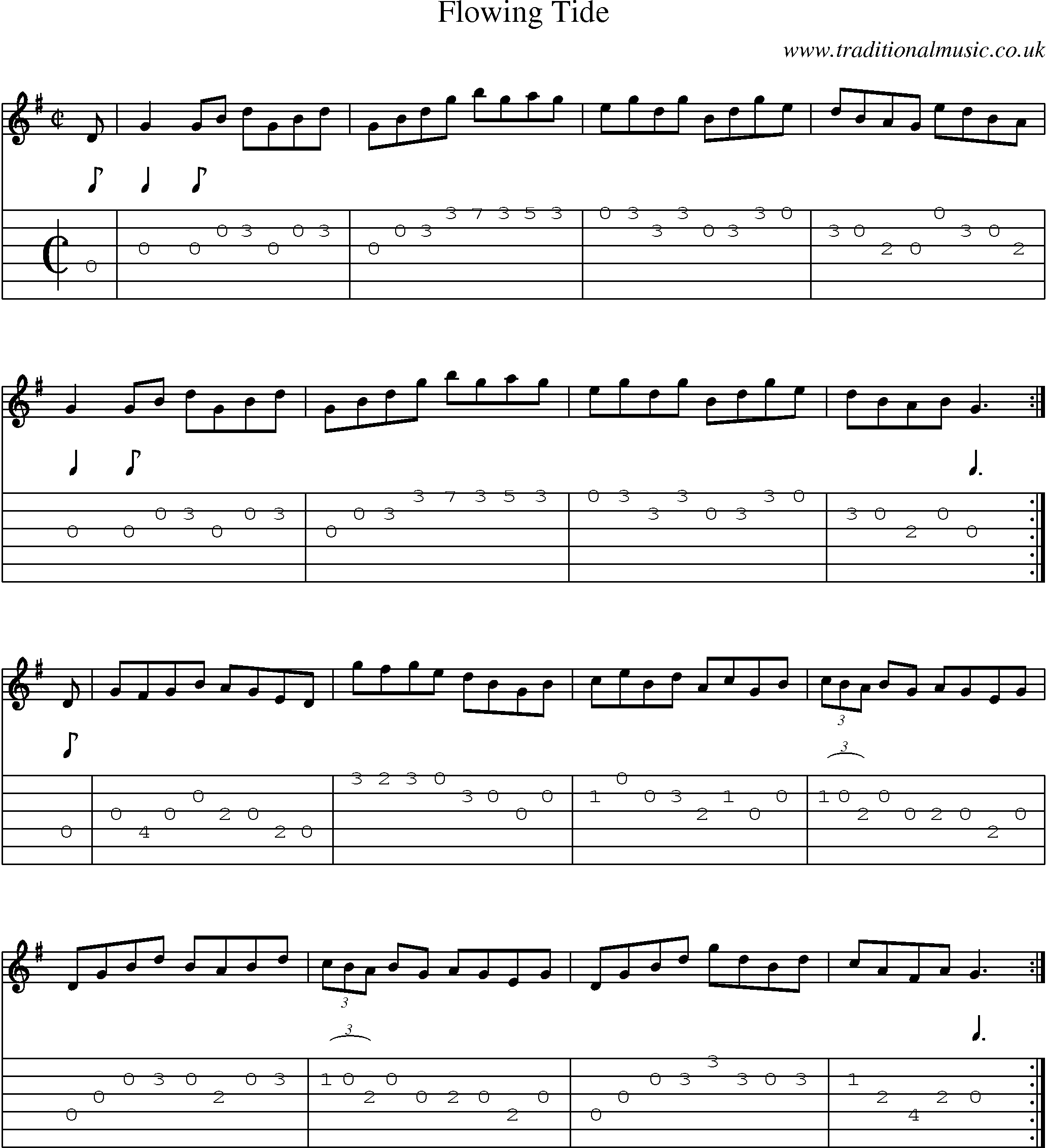 Music Score and Guitar Tabs for Flowing Tide
