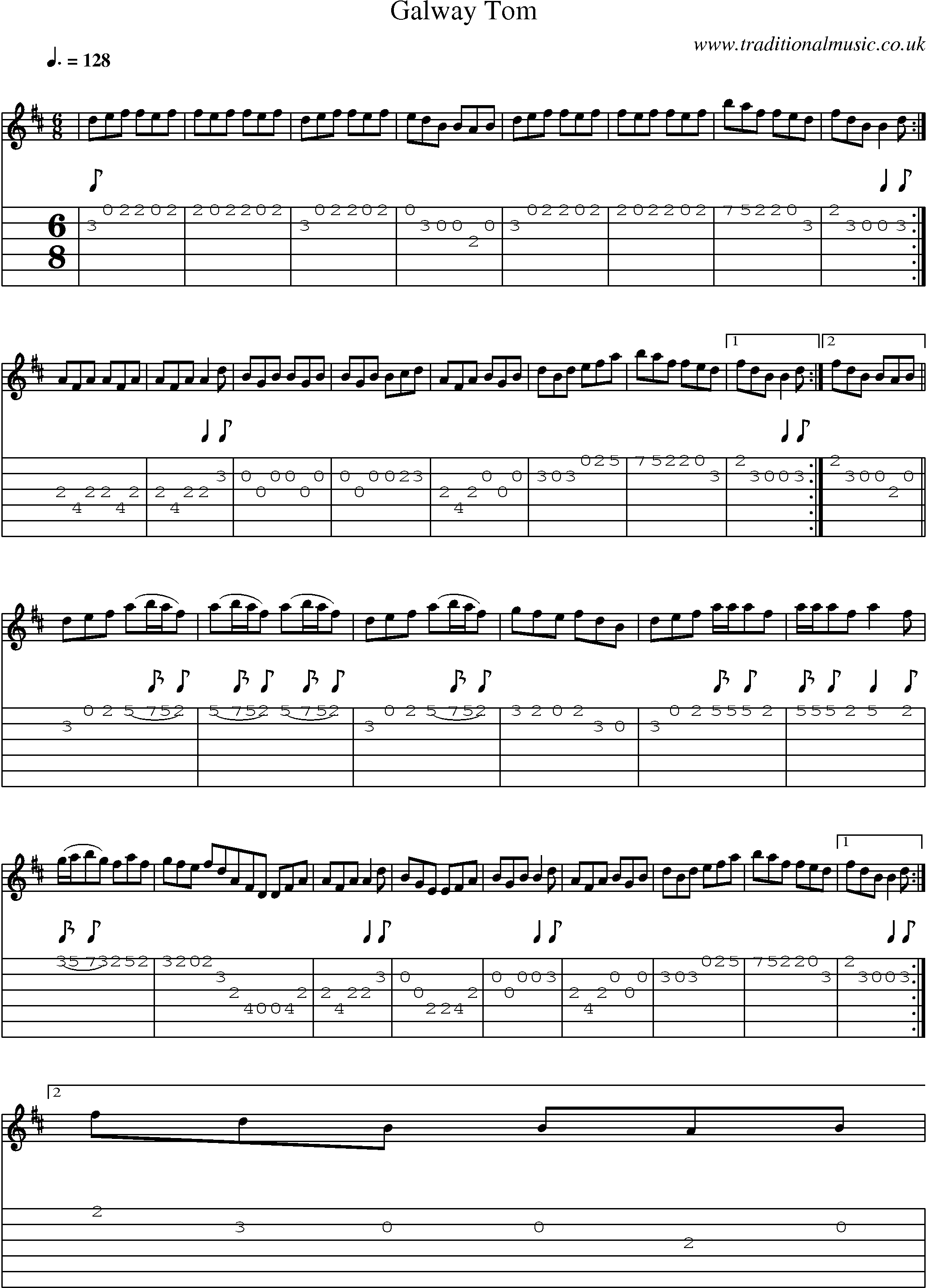 Music Score and Guitar Tabs for Galway Tom