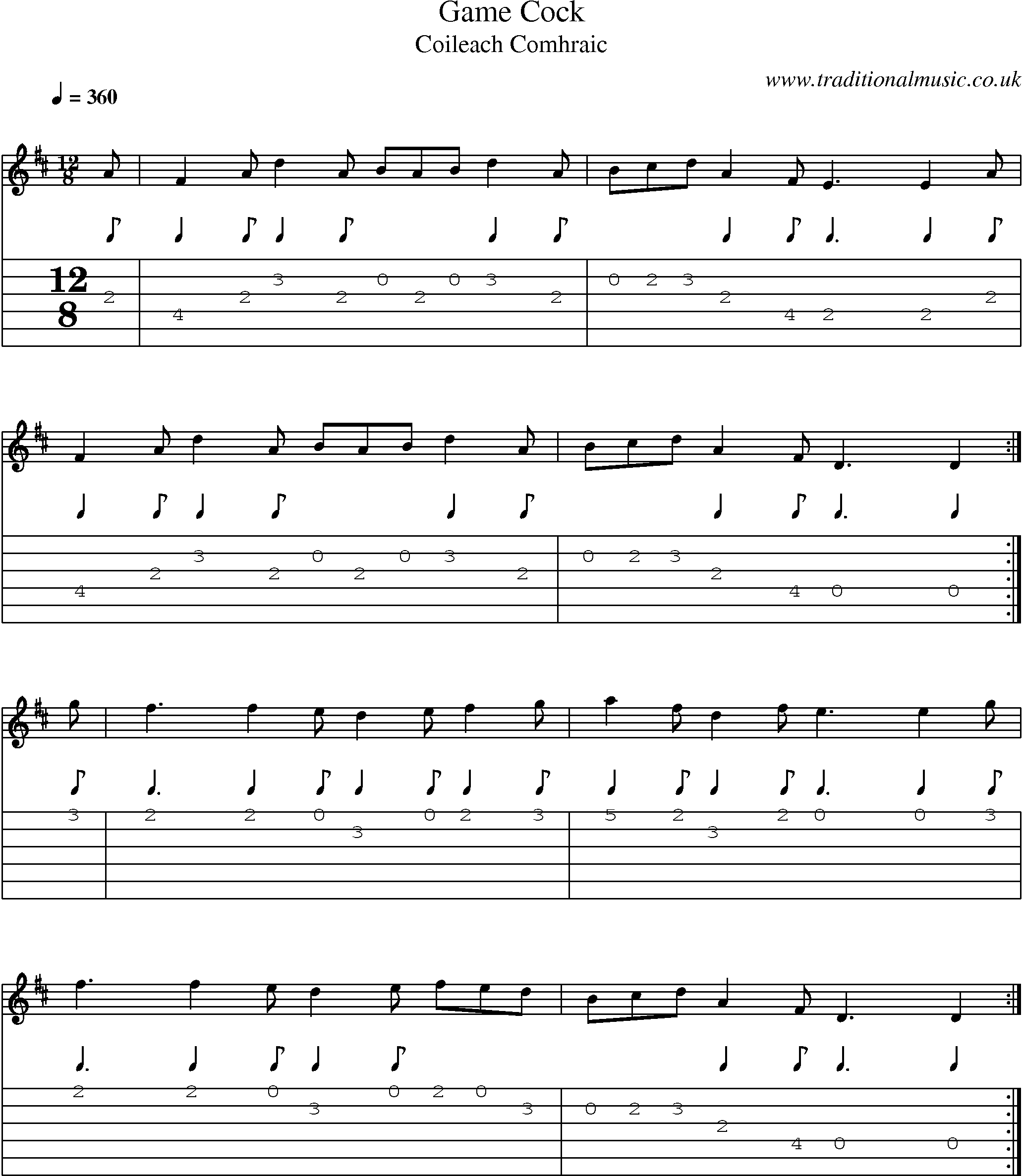 Music Score and Guitar Tabs for Game Cock
