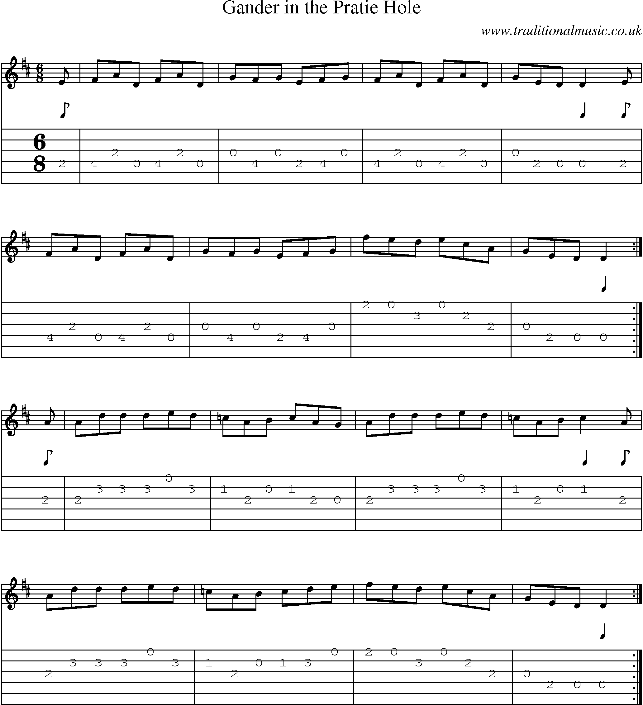 Music Score and Guitar Tabs for Gander In Pratie Hole