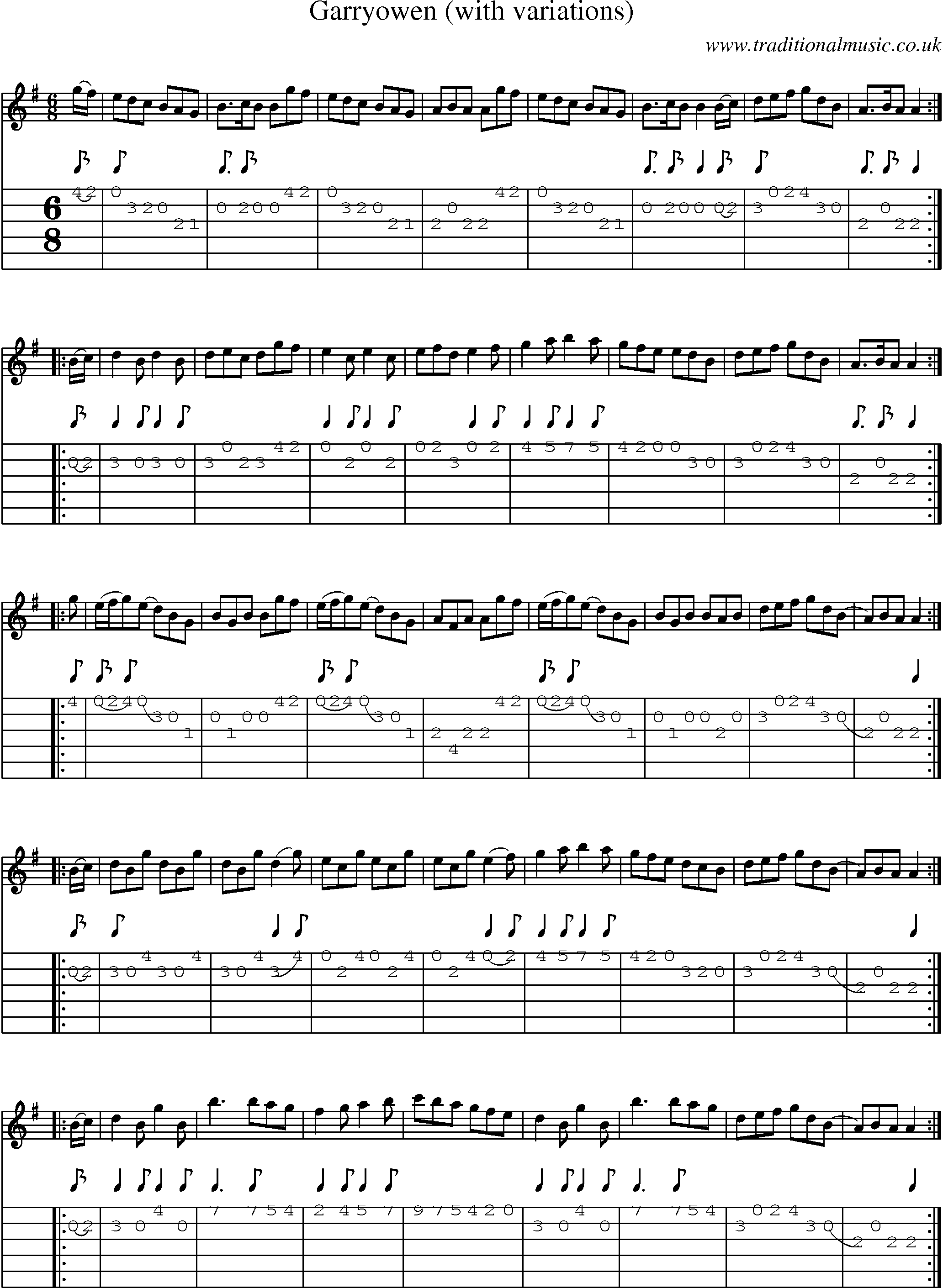 Music Score and Guitar Tabs for Garryowen With Variations