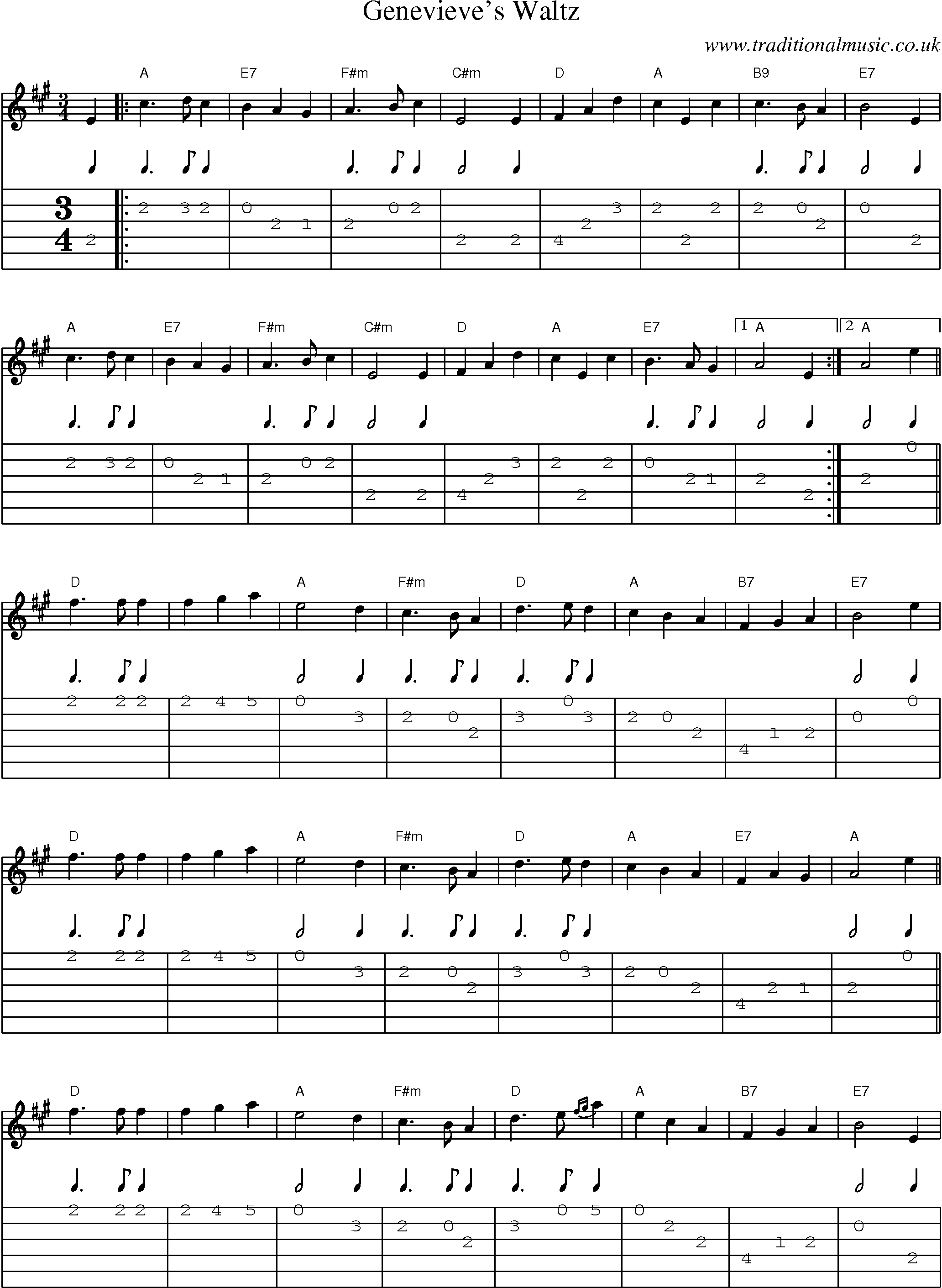 Music Score and Guitar Tabs for Genevieves Waltz