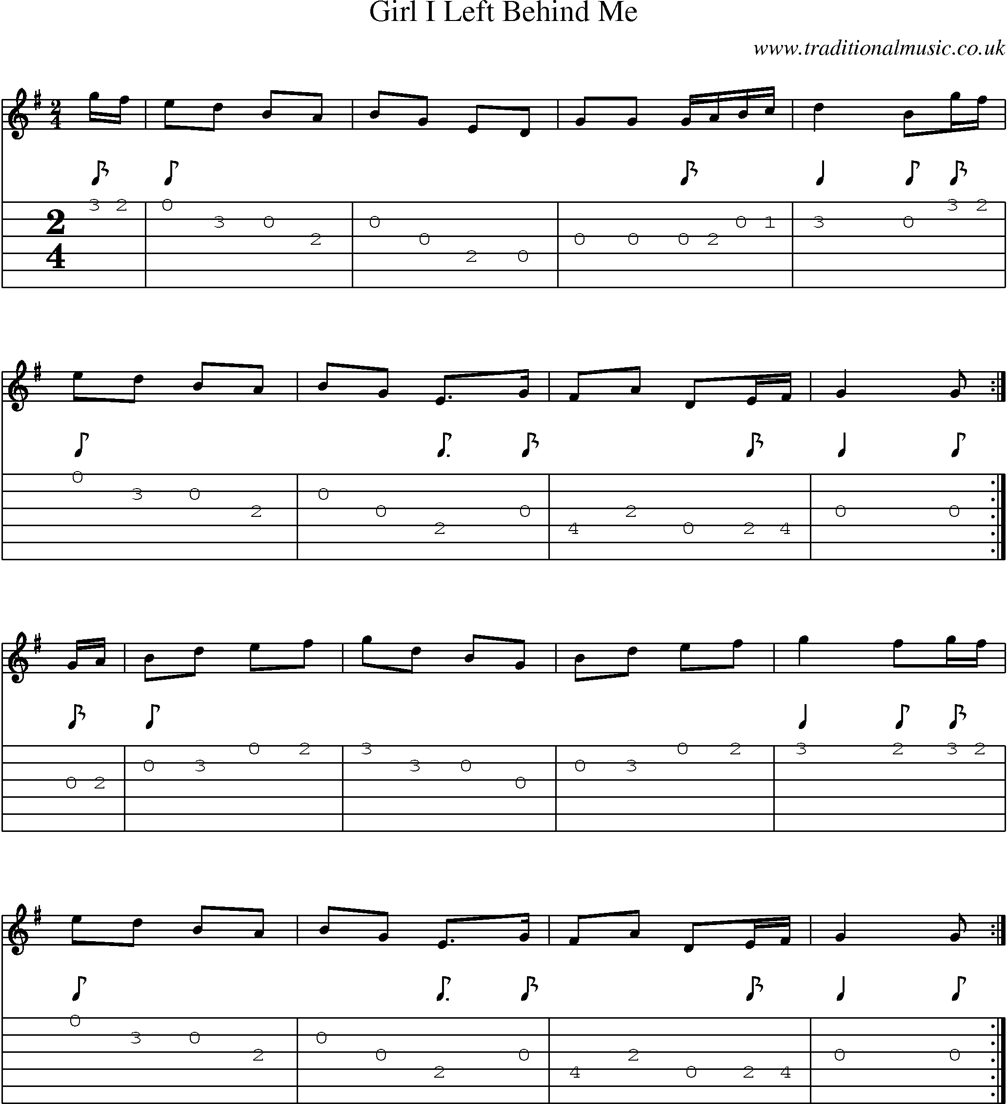 Music Score and Guitar Tabs for Girl I Left Behind Me