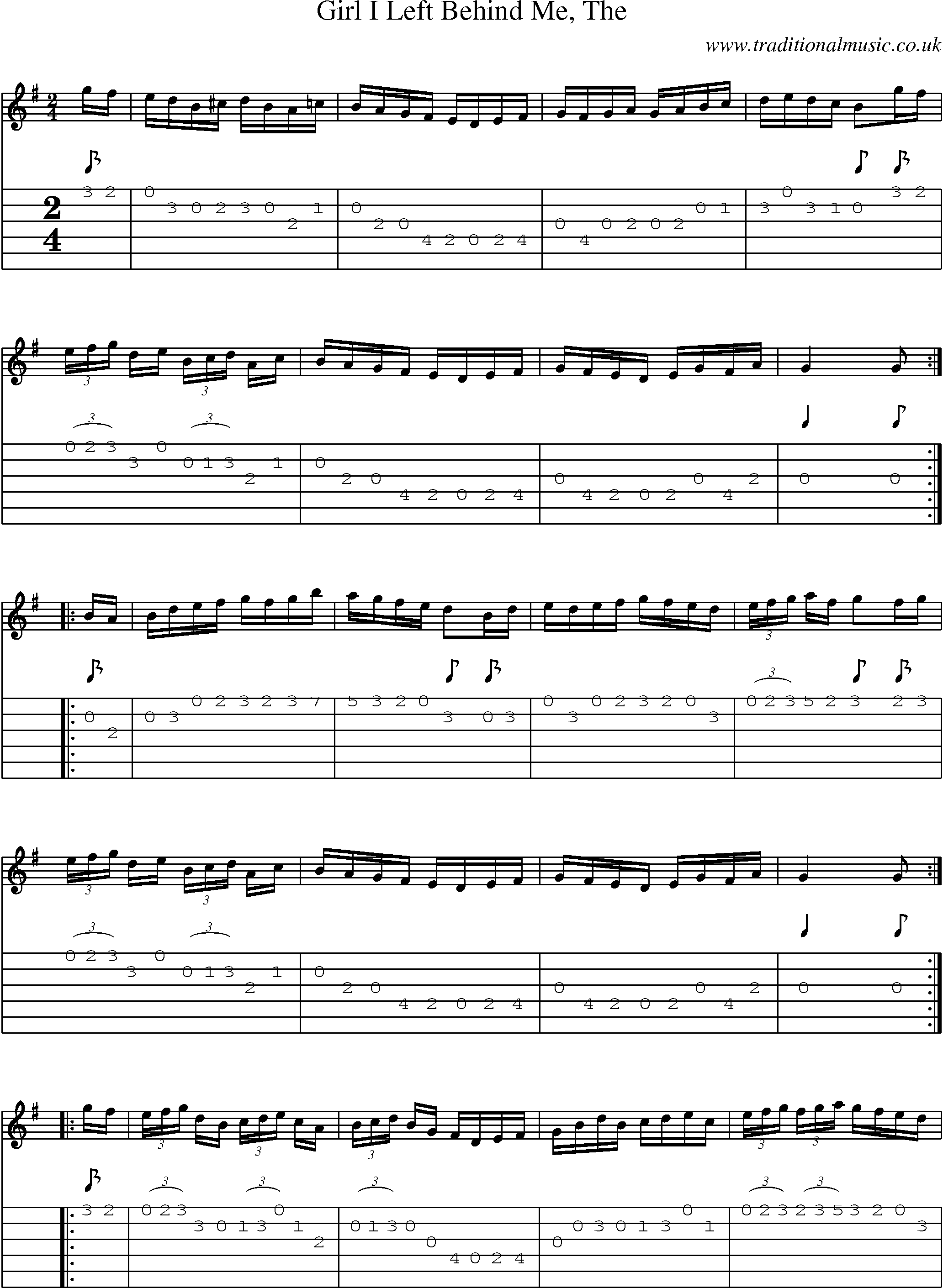 Music Score and Guitar Tabs for Girl I Left Behind Me 