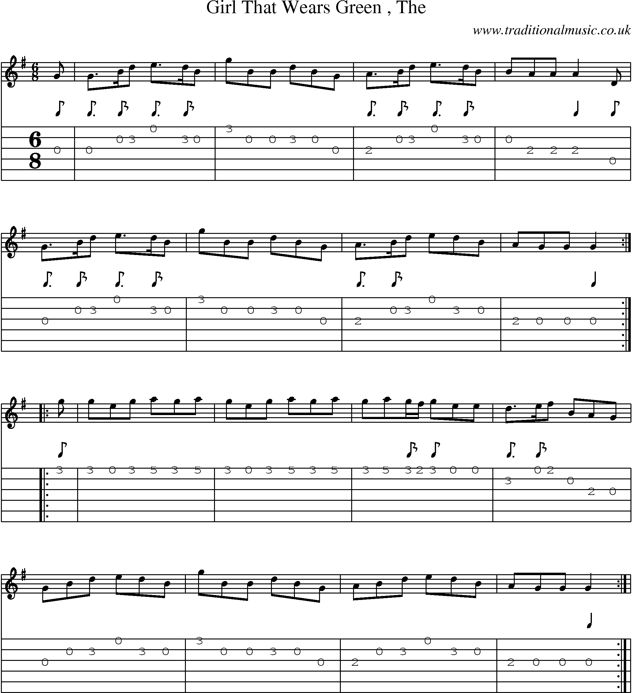 Music Score and Guitar Tabs for Girl That Wears Green