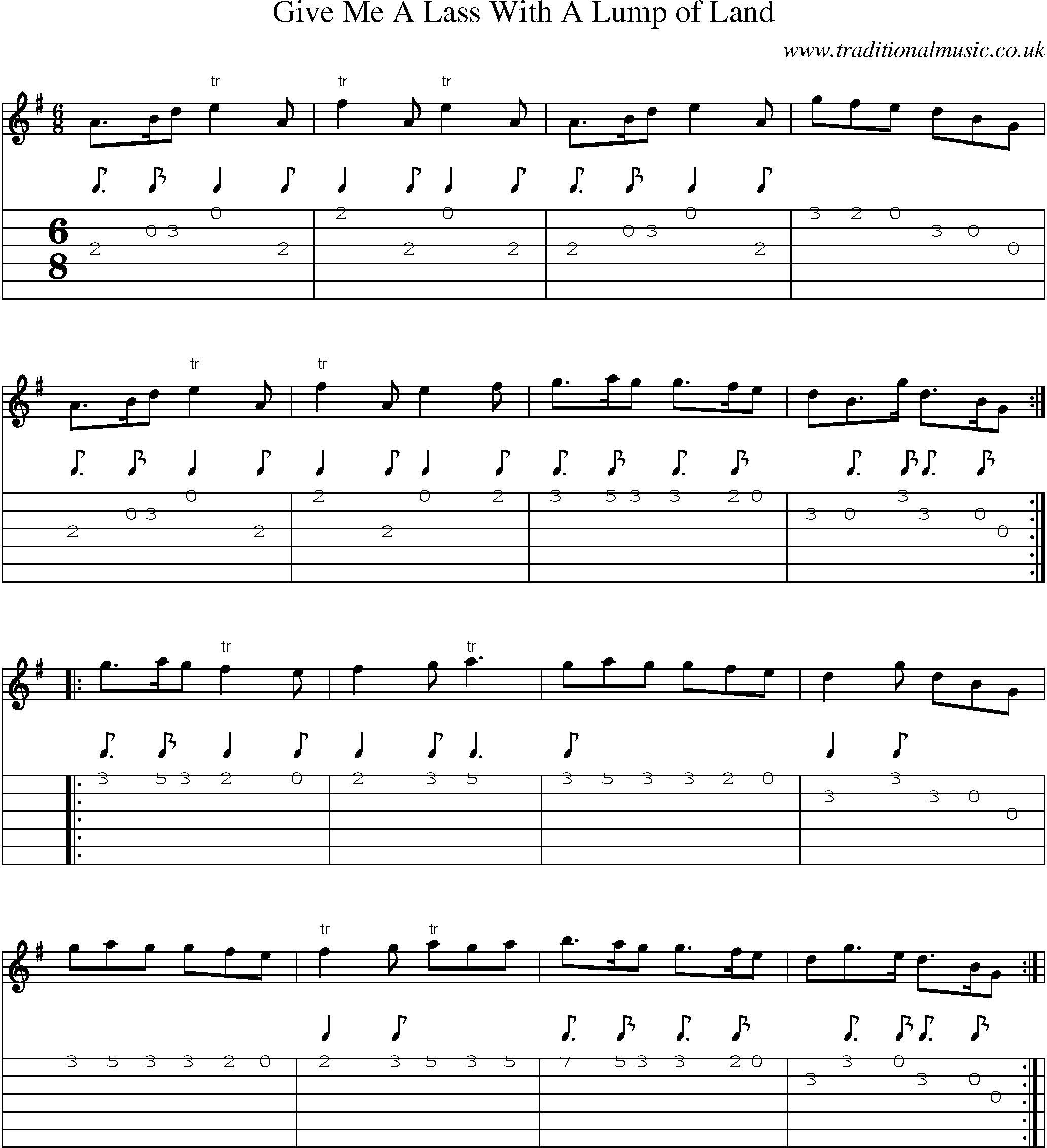 Music Score and Guitar Tabs for Give Me A Lass With A Lump Of Land