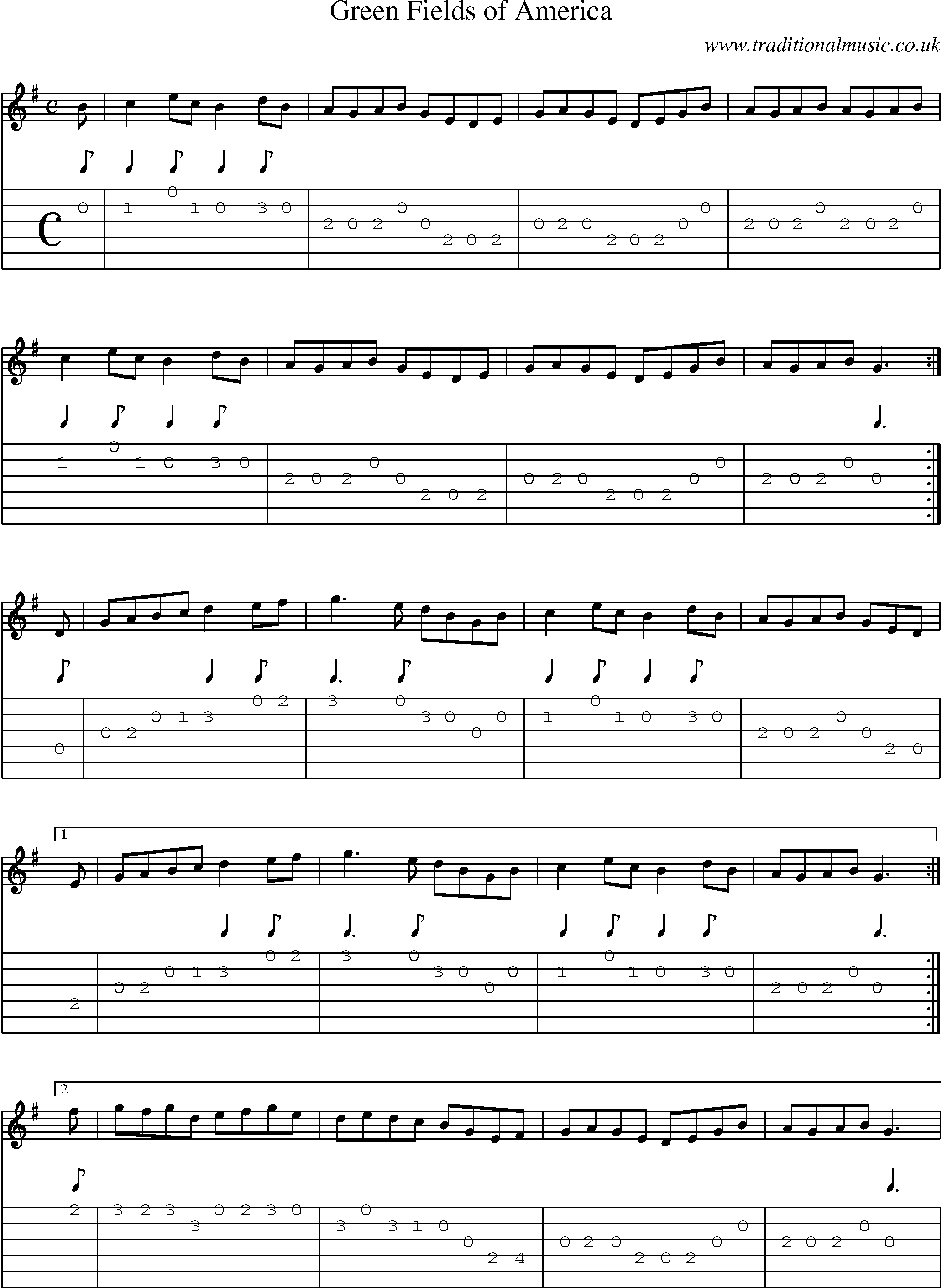 Music Score and Guitar Tabs for Green Fields Of America