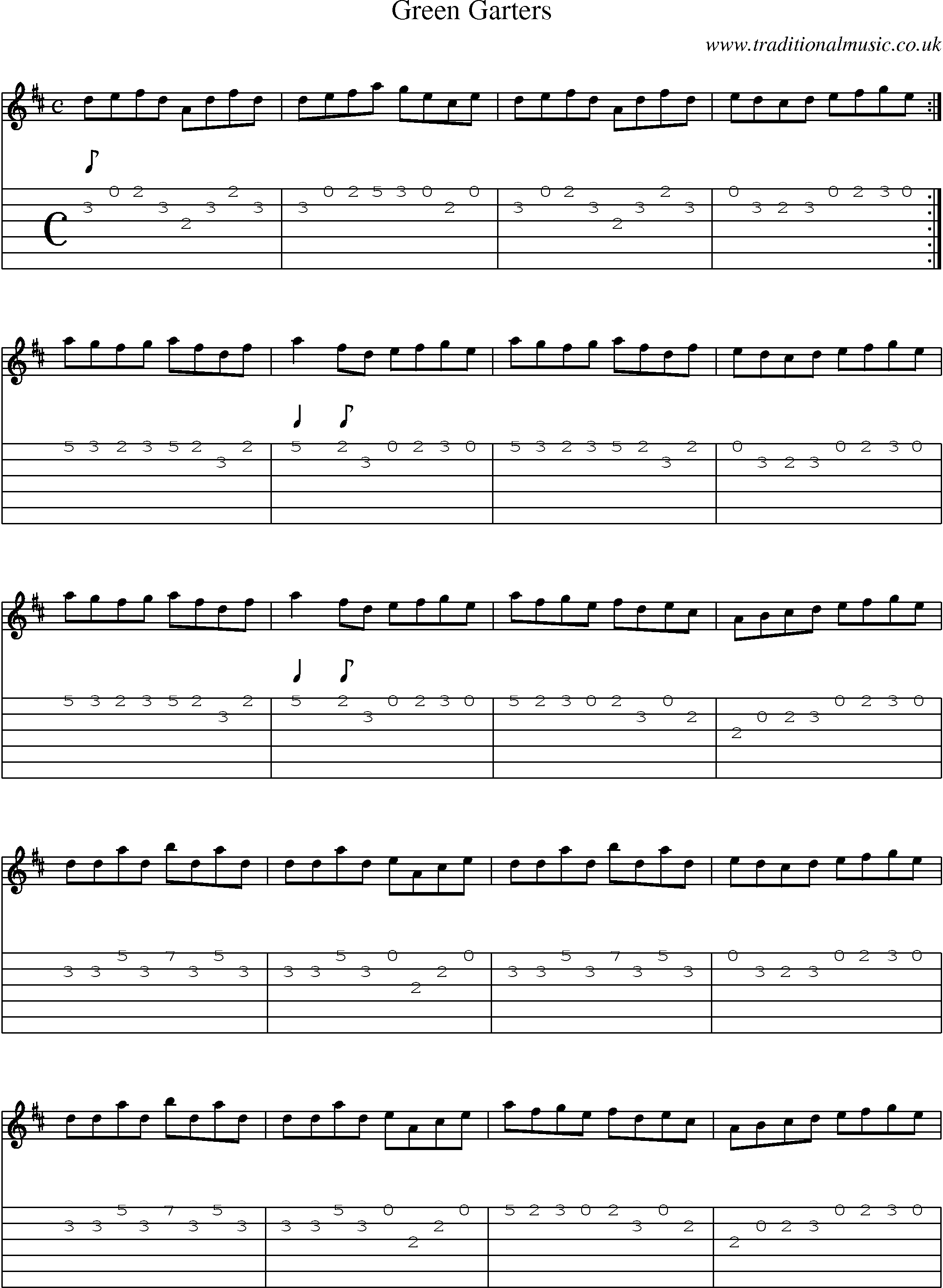 Music Score and Guitar Tabs for Green Garters