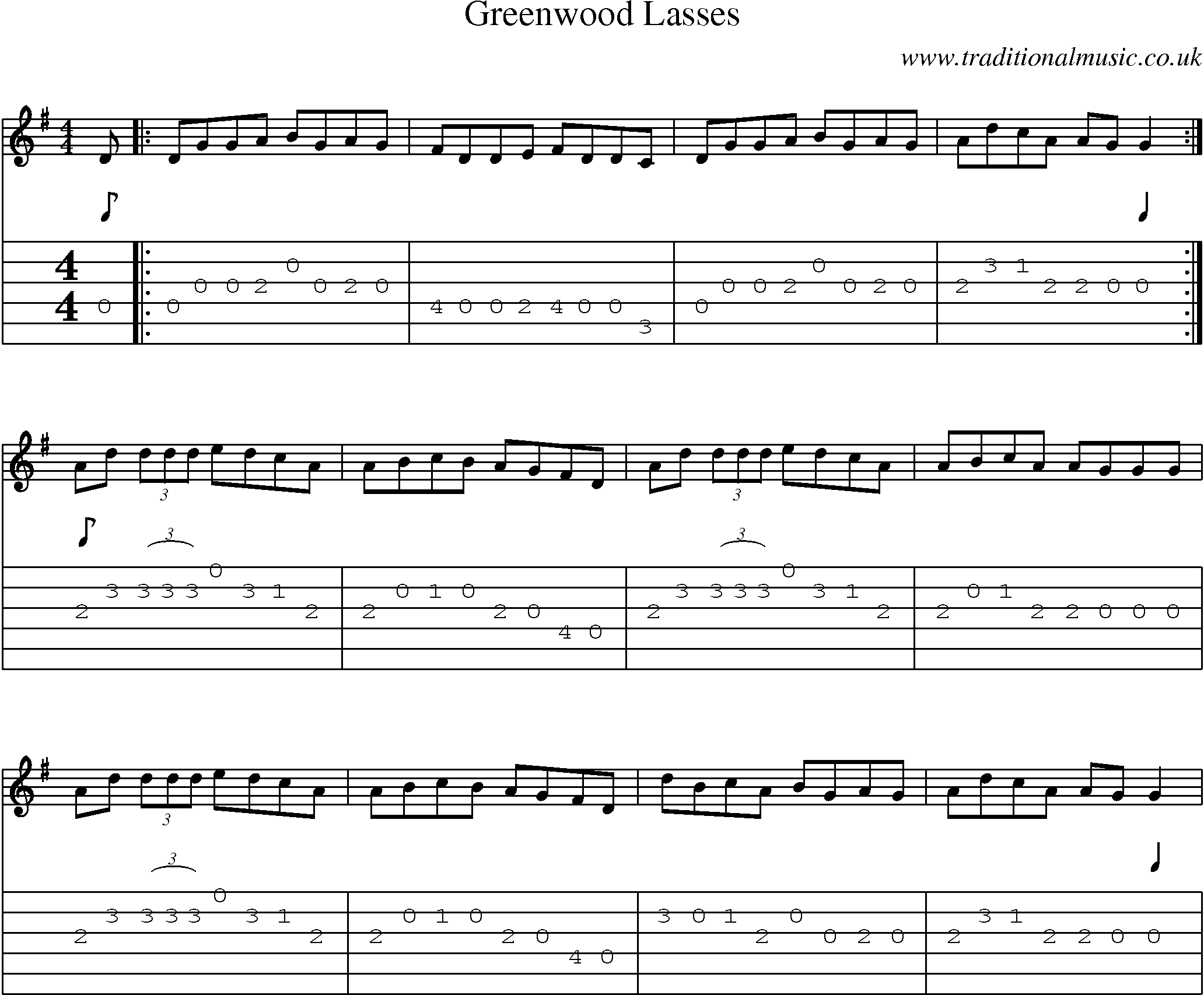 Music Score and Guitar Tabs for Greenwood Lasses
