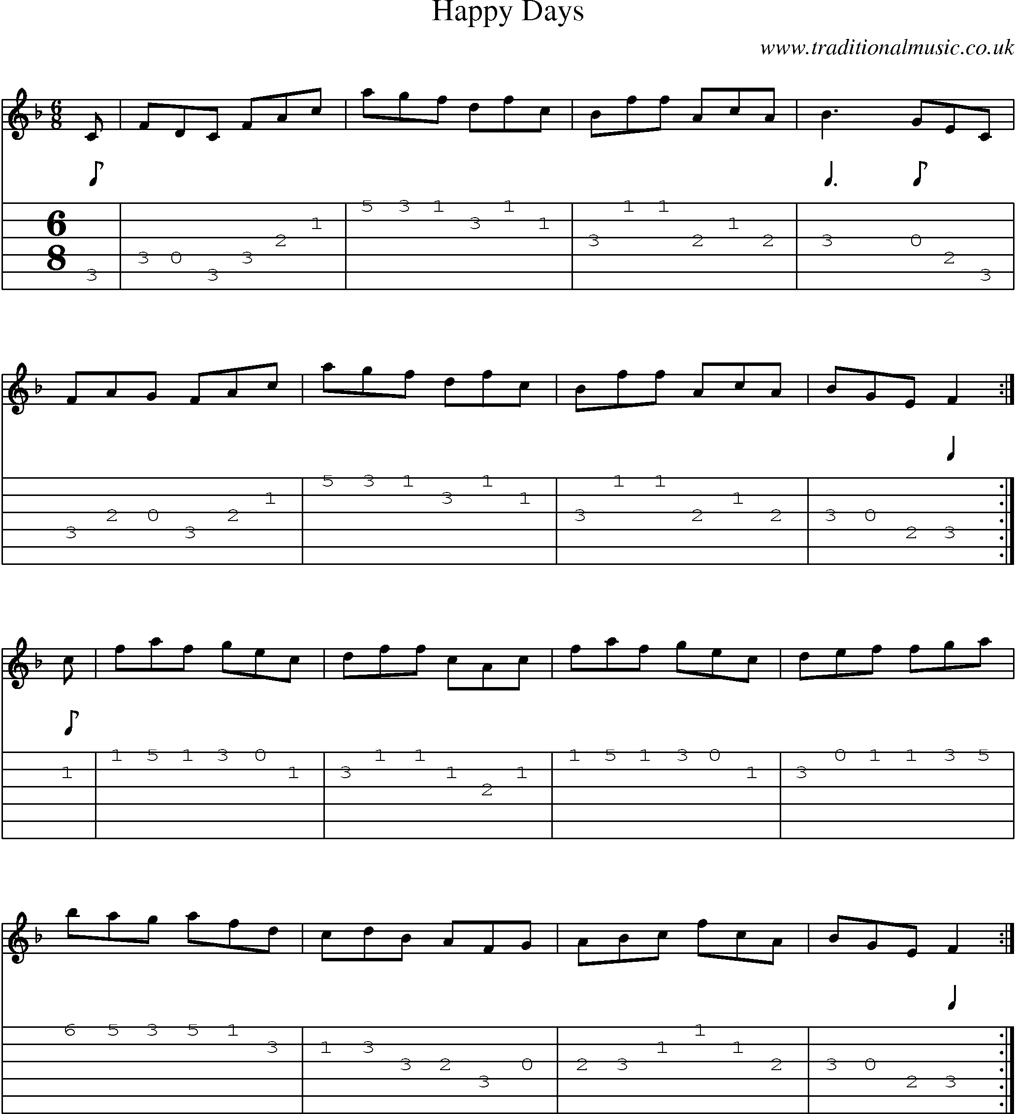 Music Score and Guitar Tabs for Happy Days