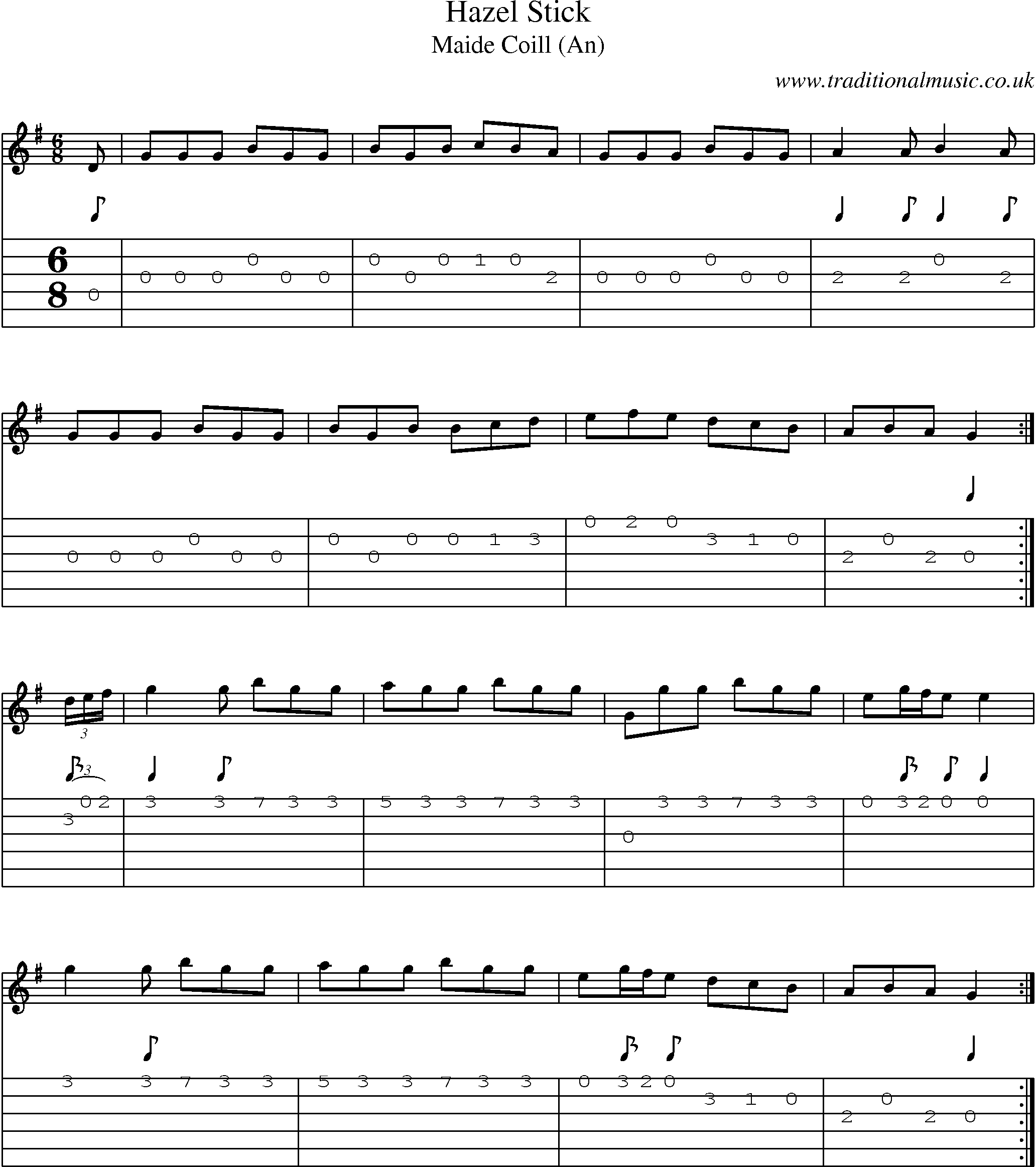 Music Score and Guitar Tabs for Hazel Stick