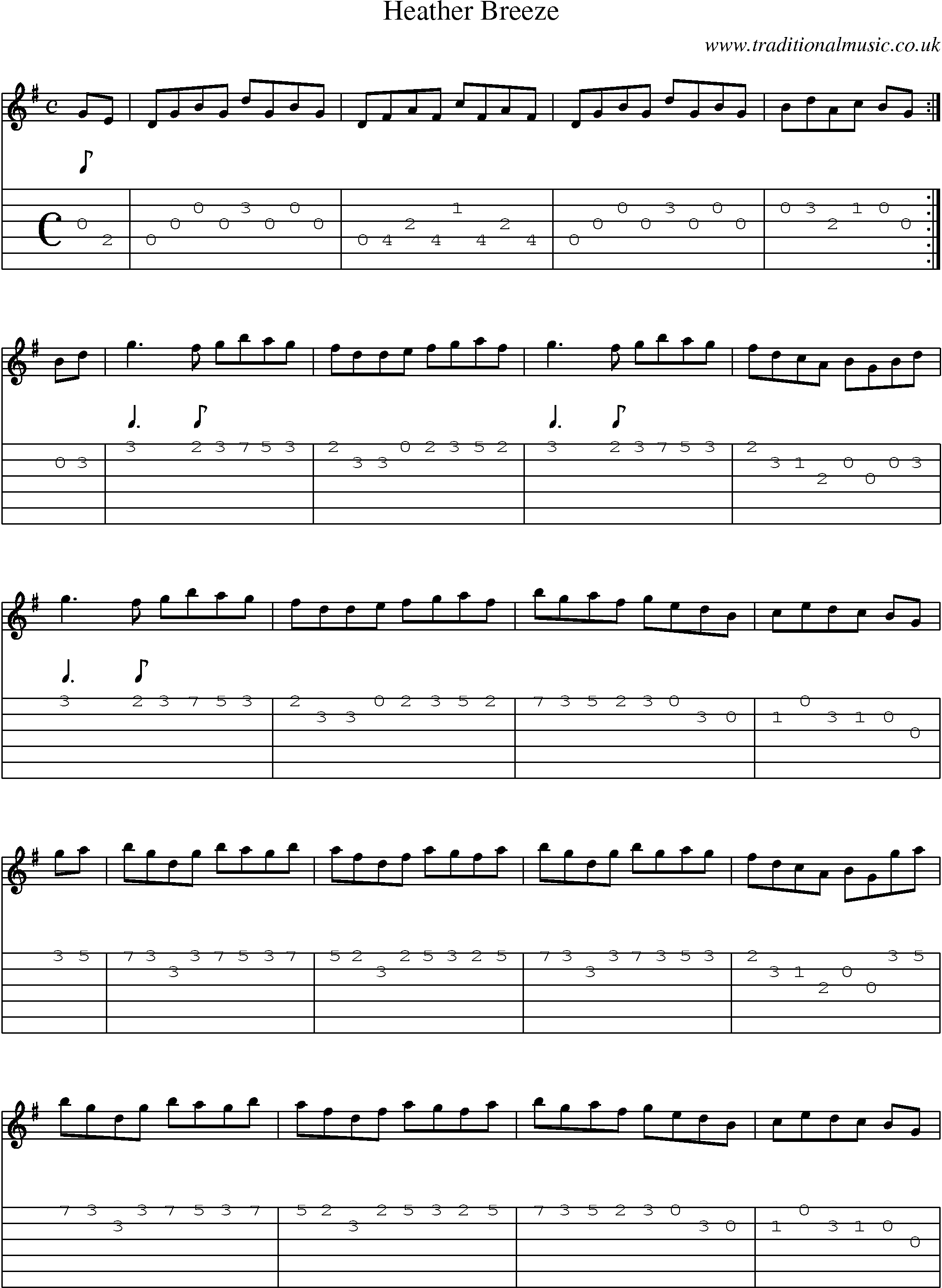 Music Score and Guitar Tabs for Heather Breeze