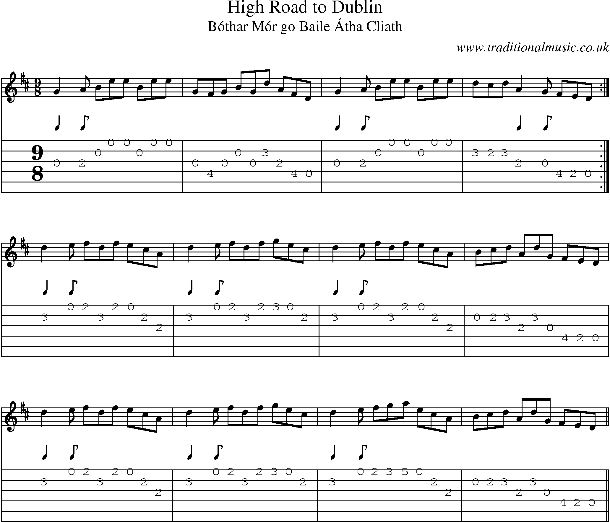 Music Score and Guitar Tabs for High Road To Dublin