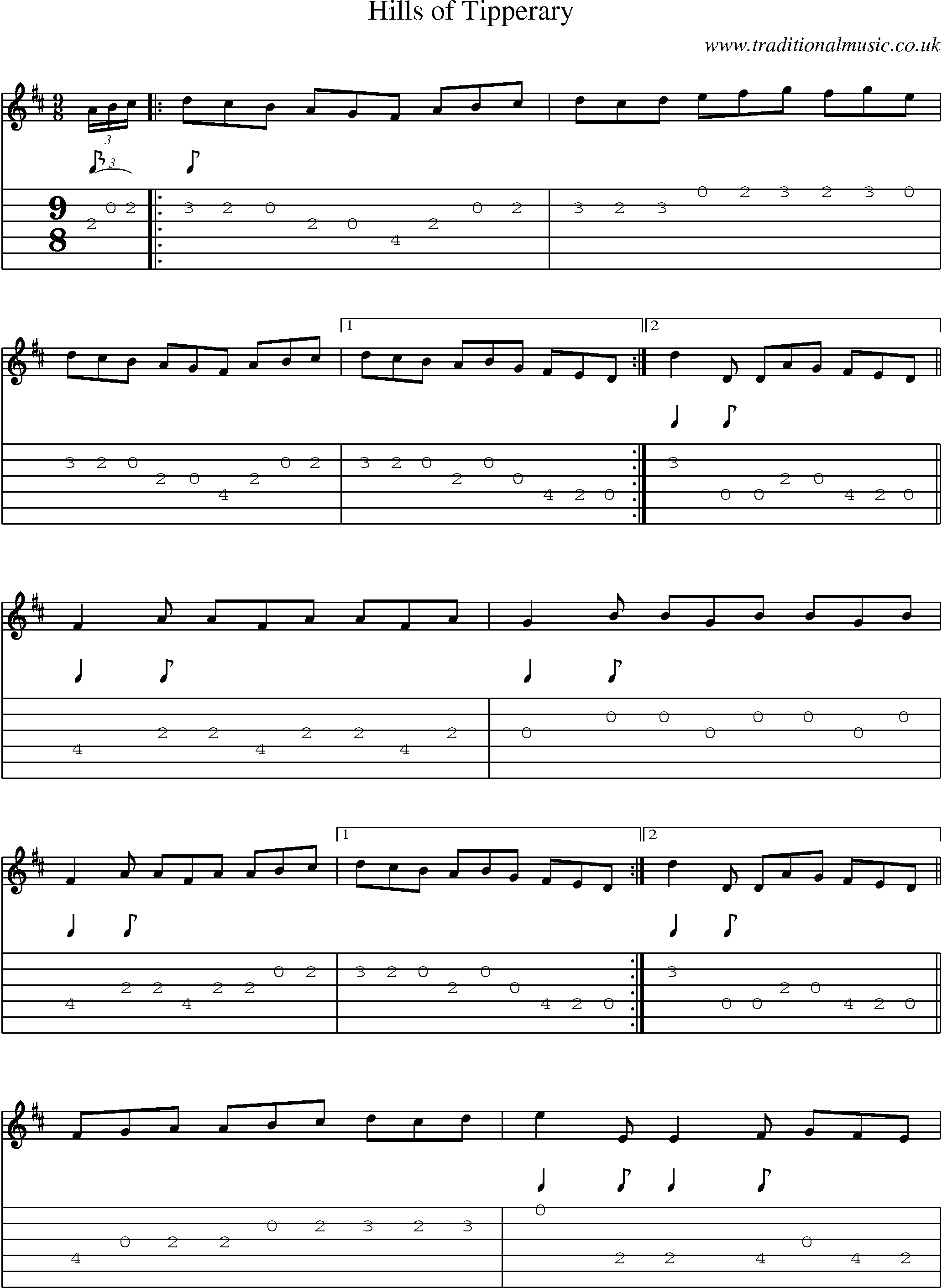 Music Score and Guitar Tabs for Hills Of Tipperary