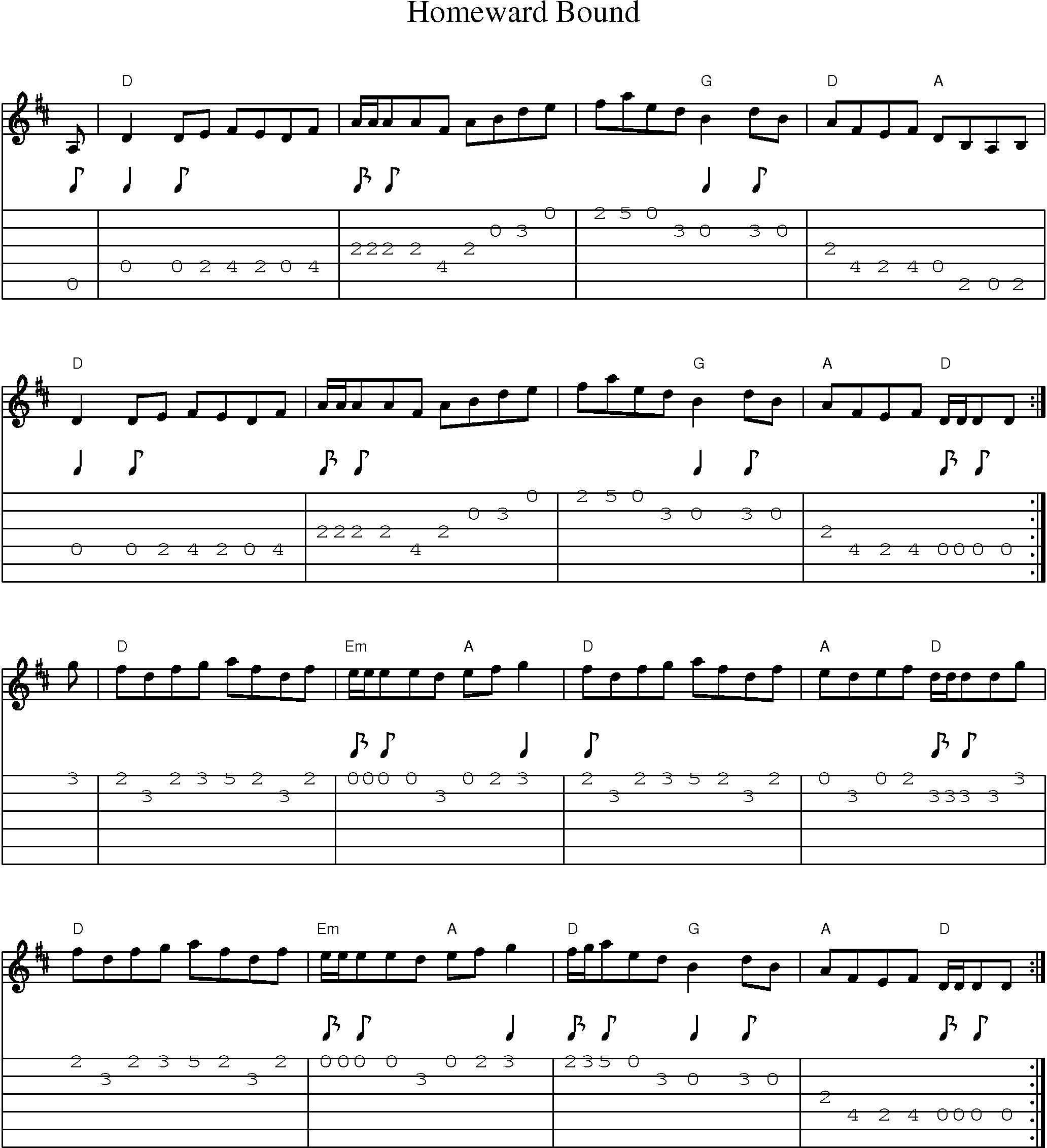 Music Score and Guitar Tabs for Homeward Bound