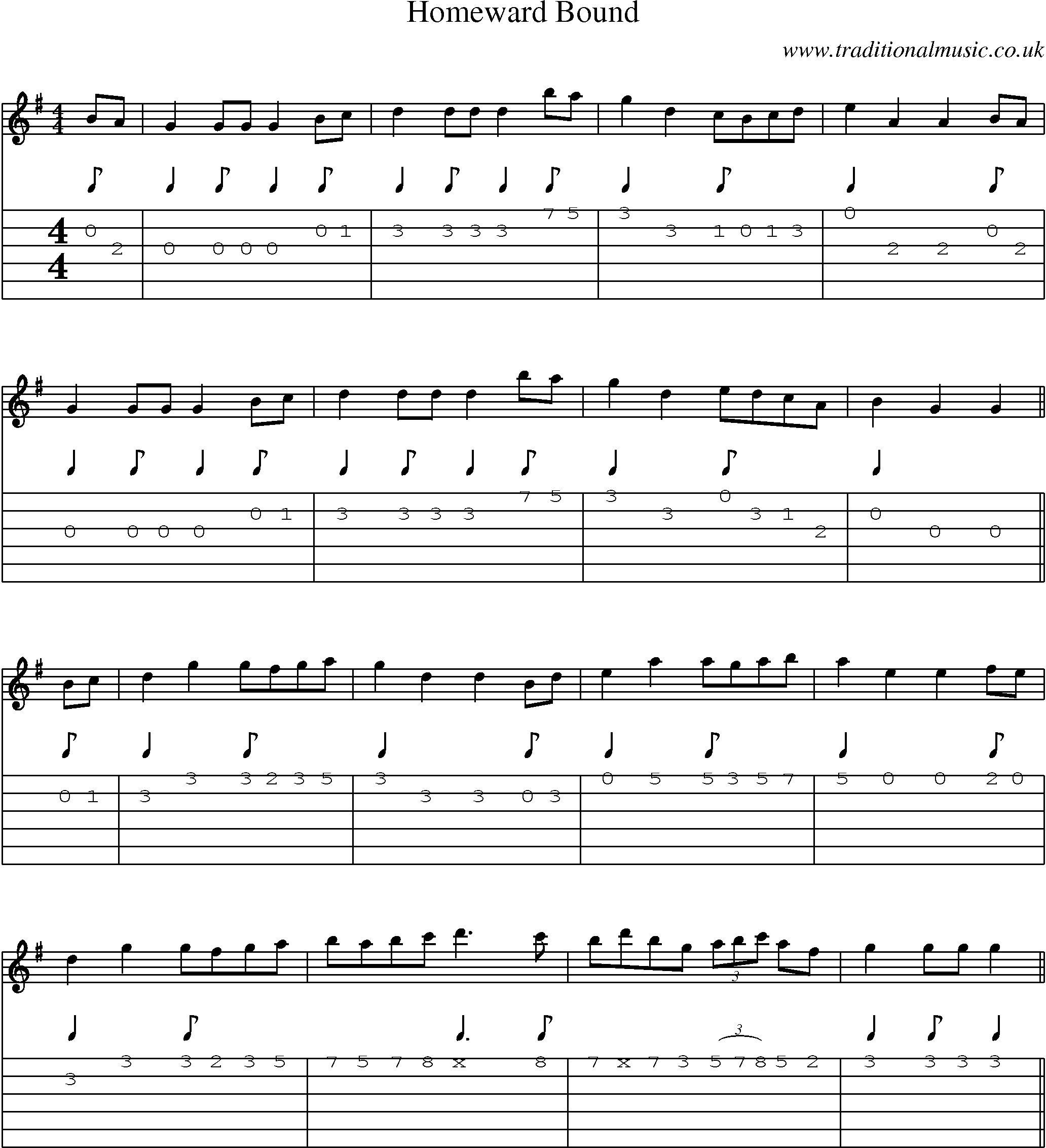 Music Score and Guitar Tabs for Homeward Bound 