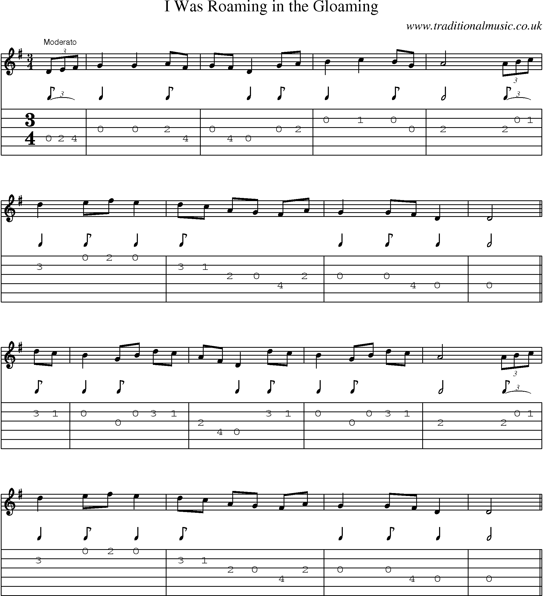 Music Score and Guitar Tabs for I Was Roaming In Gloaming